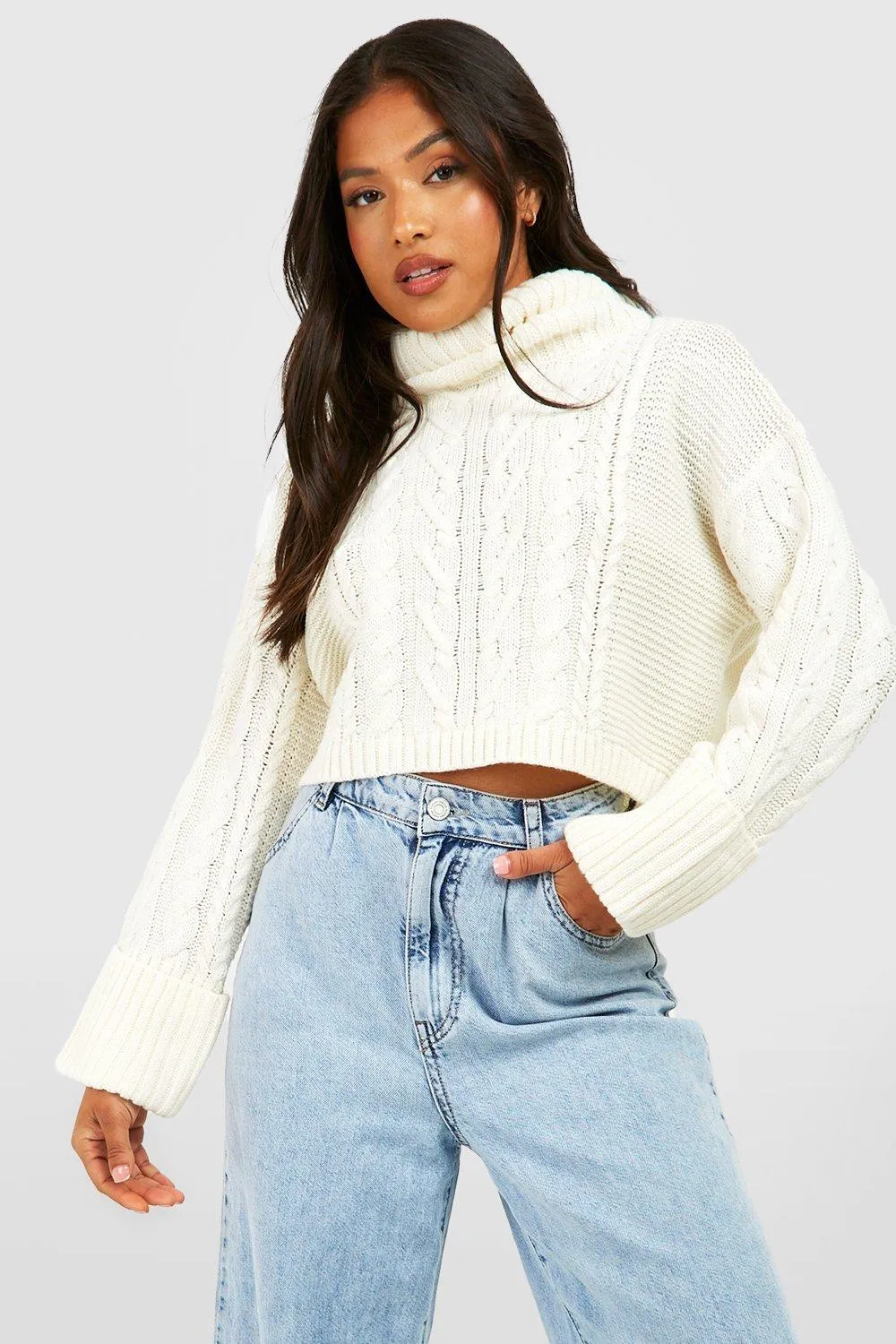 Petite Cable Knit Turtleneck Cuff Detail Sweater