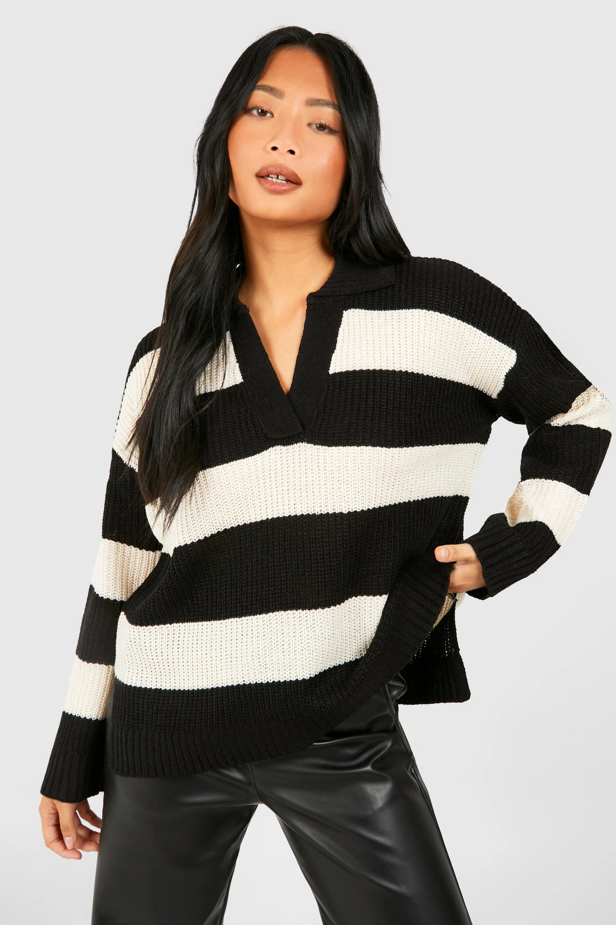 Petite Chunky Knit Stripe Collar Detail Sweater