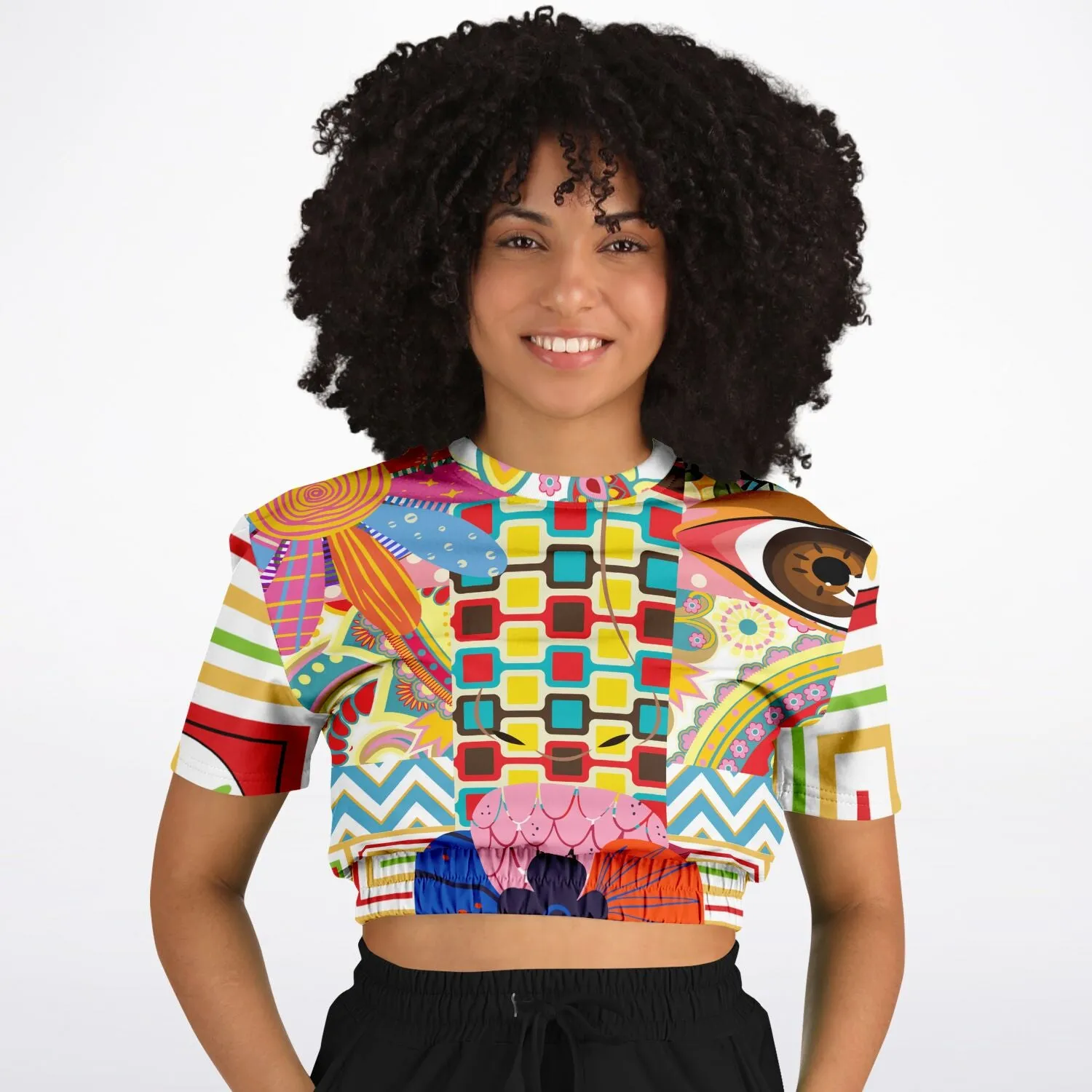 Pink Paisley Park Visage Short Sleeve Cropped Eco-Poly Sweater