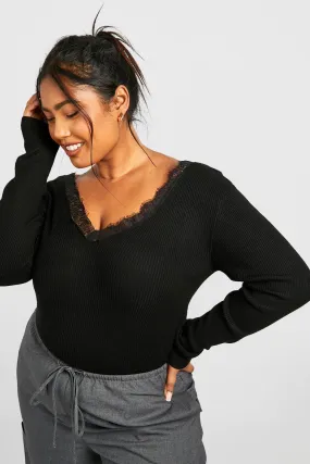 Plus Ribbed Lack Trim V-Neck Sweater