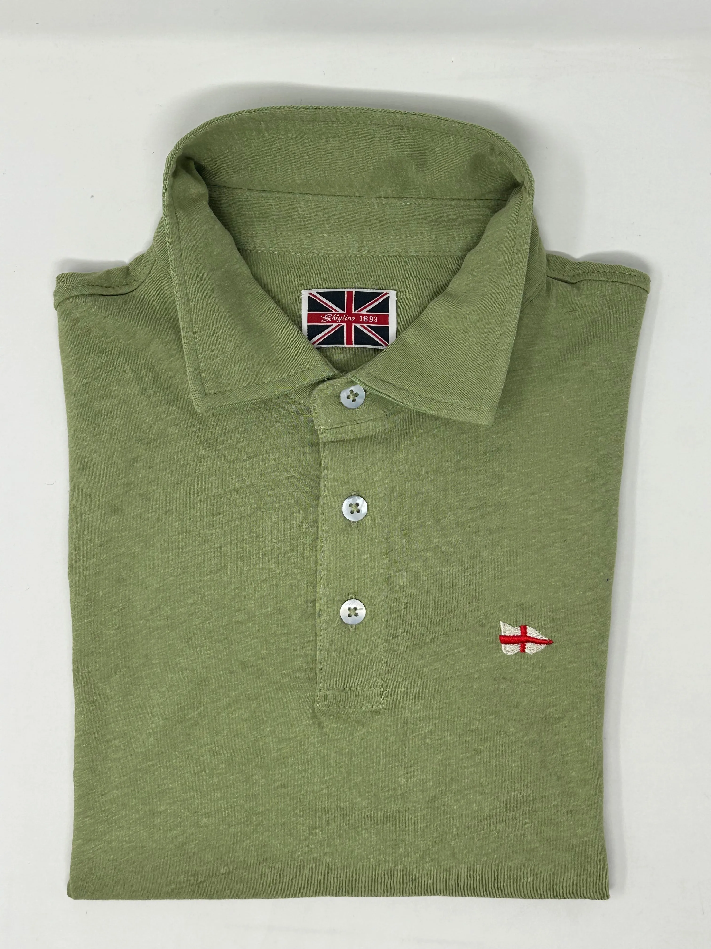 POLO COTONE LINO ARMY GREEN CON BANDIERA RICAMATA