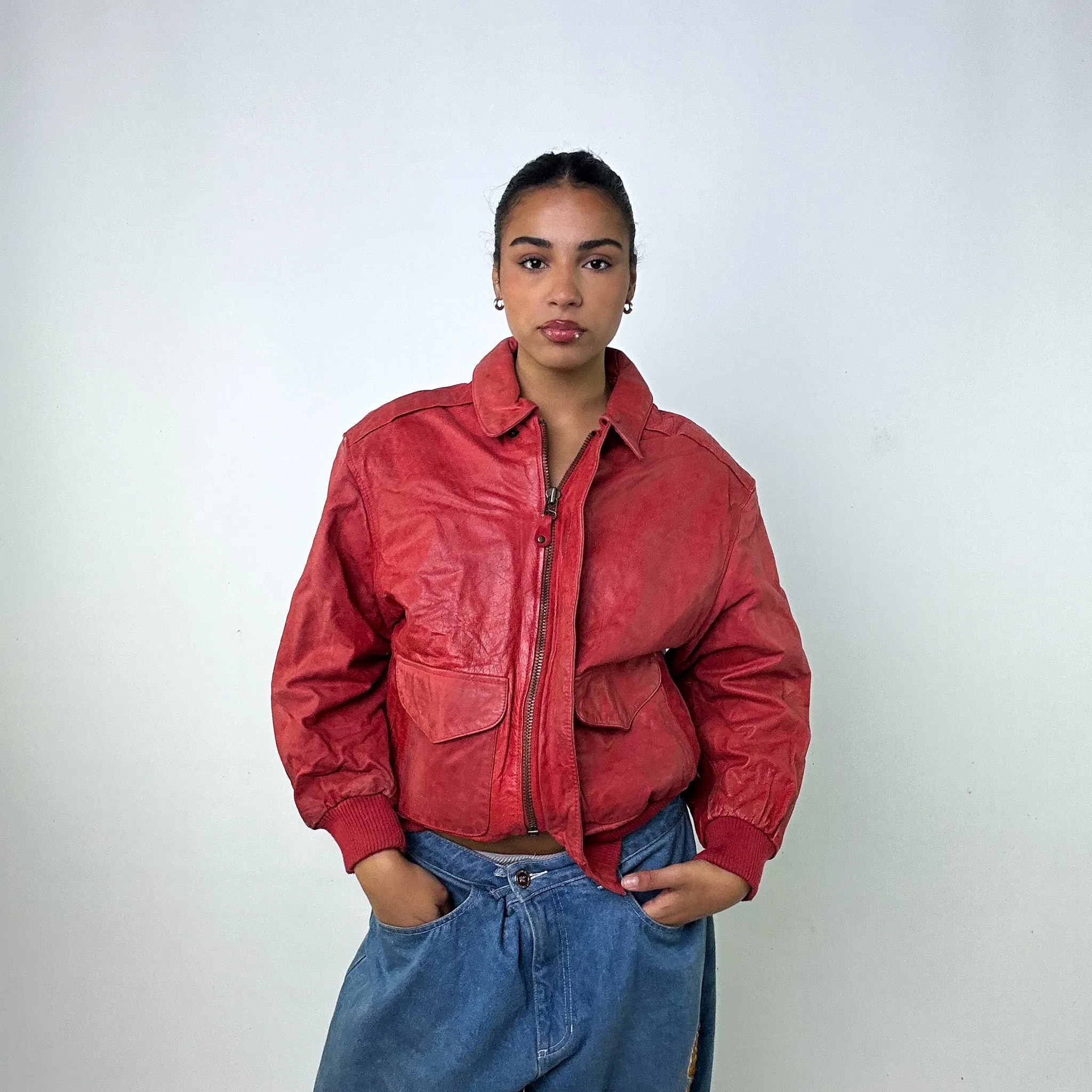 Red Vintage Pelle Leather Jacket Coat (S)