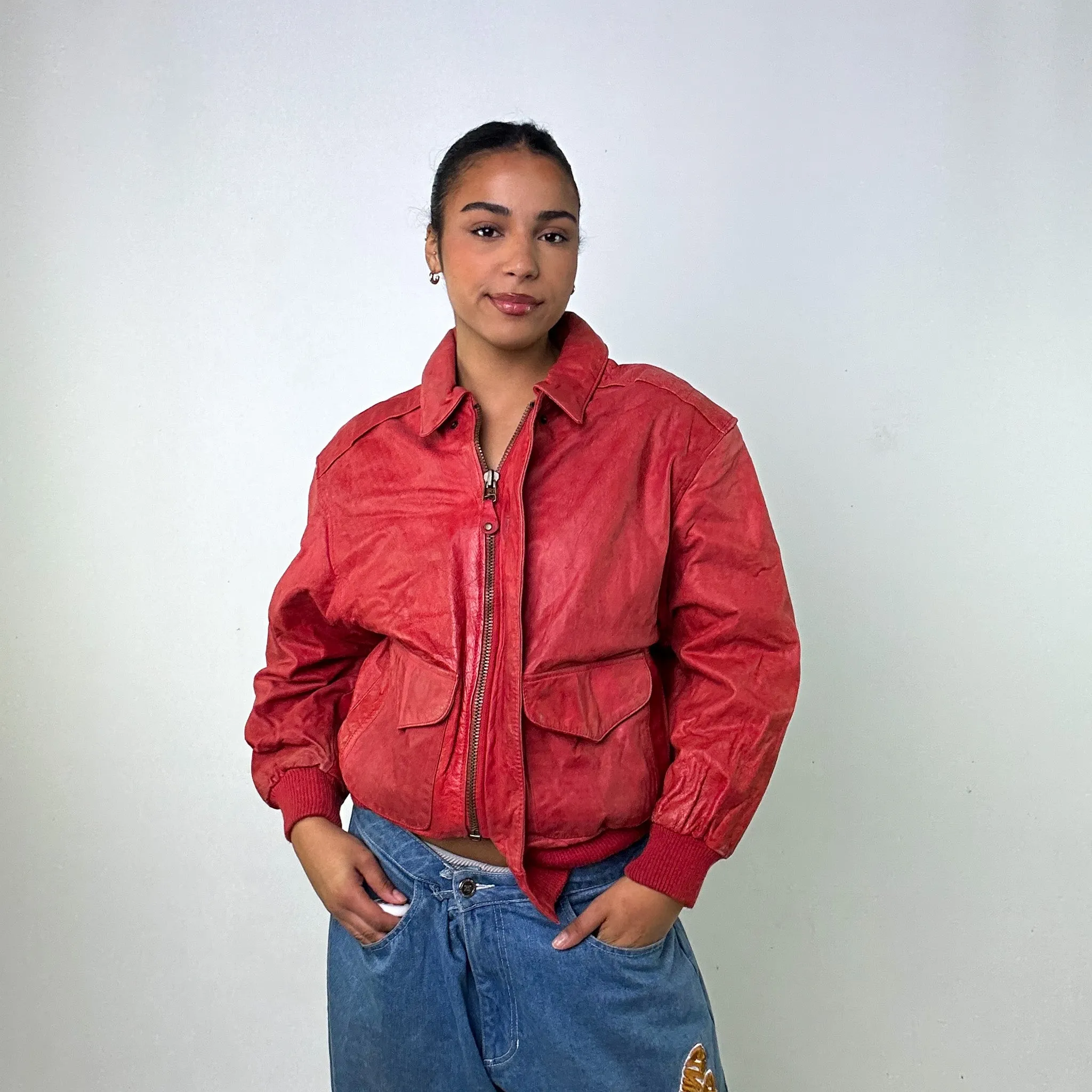 Red Vintage Pelle Leather Jacket Coat (S)