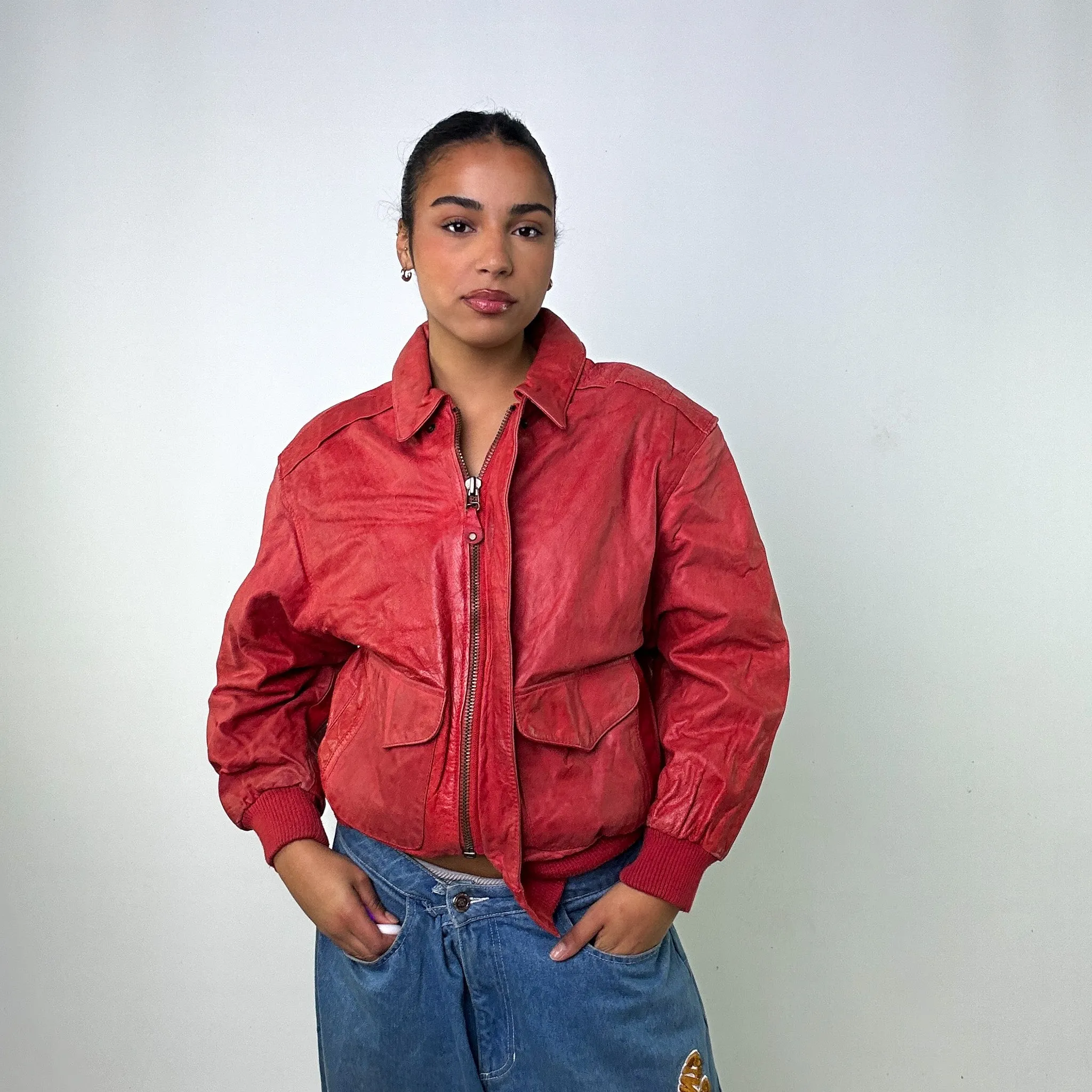 Red Vintage Pelle Leather Jacket Coat (S)