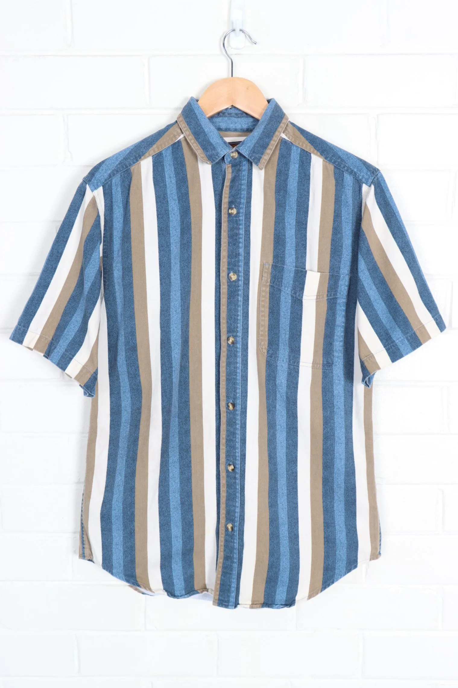 ROUTE 66 NAVY & TAN STRIPE SHORT SLEEVE BUTTON UP SHIRT (S-