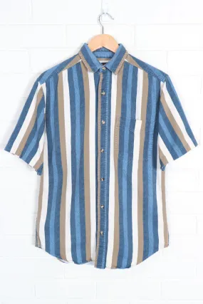 ROUTE 66 Navy & Tan Stripe Short Sleeve Button Up Shirt (S-M)