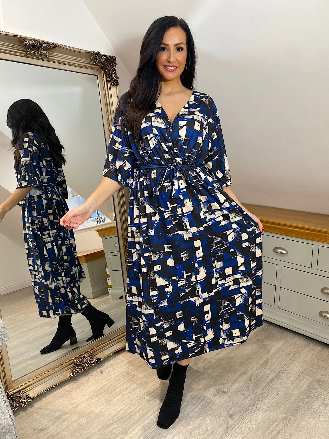 Royal Blue Printed Flared Sleeve Dress Wendy