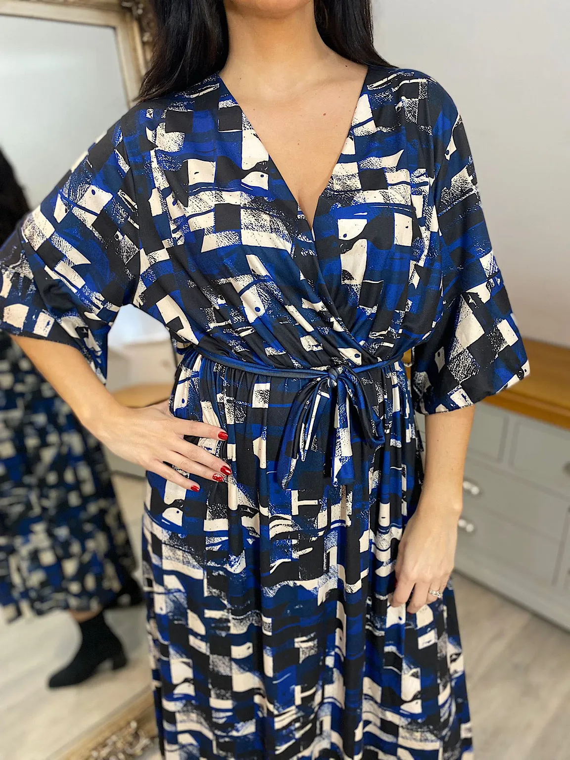 Royal Blue Printed Flared Sleeve Dress Wendy