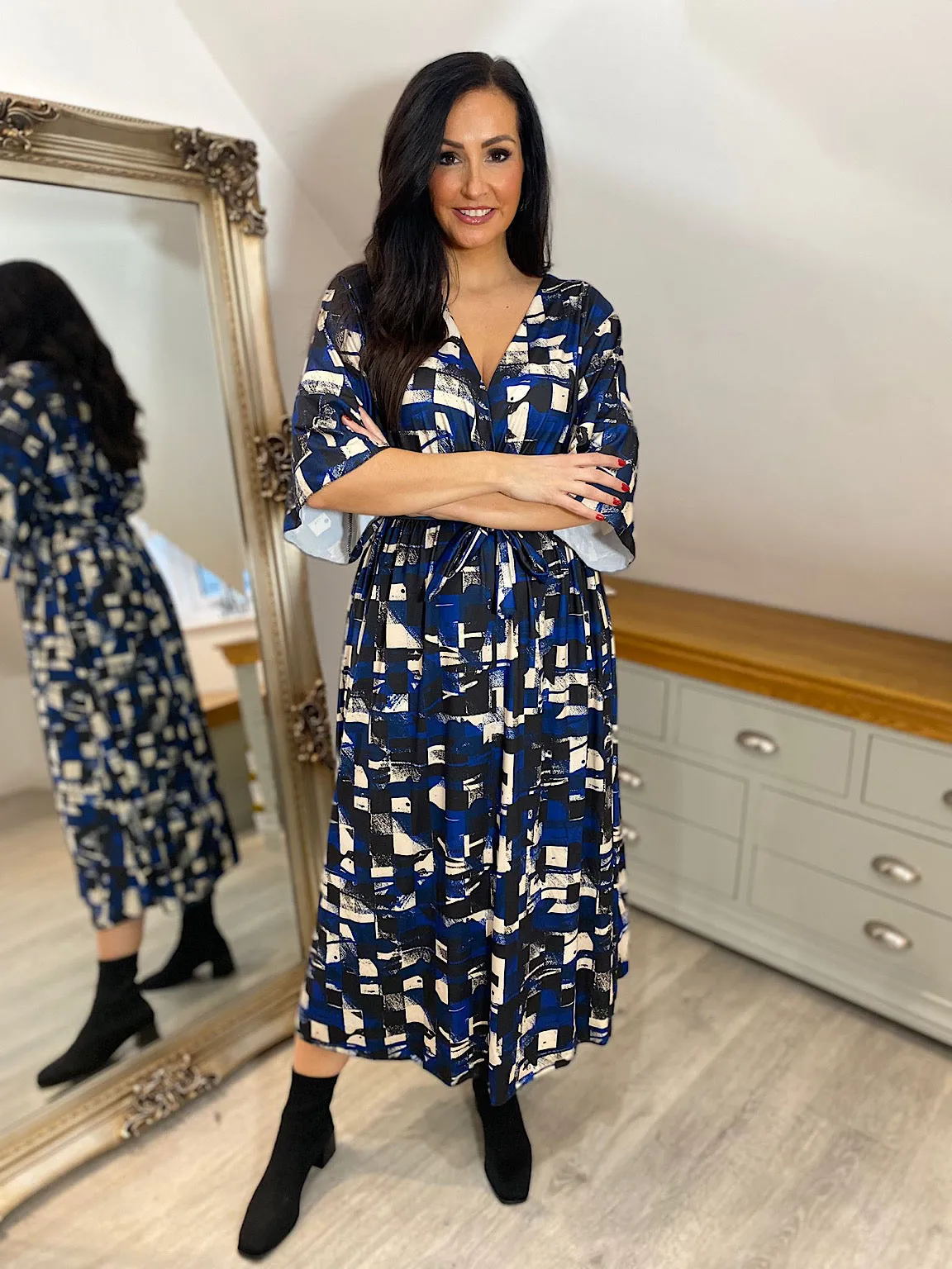 Royal Blue Printed Flared Sleeve Dress Wendy