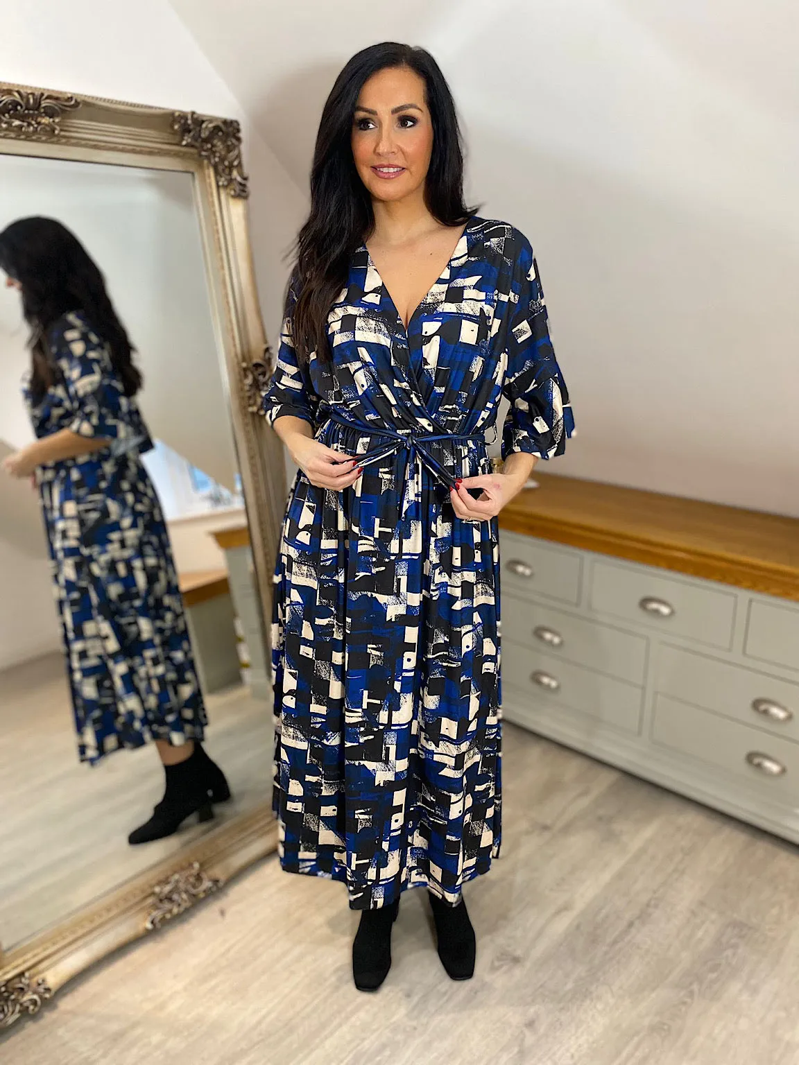 Royal Blue Printed Flared Sleeve Dress Wendy