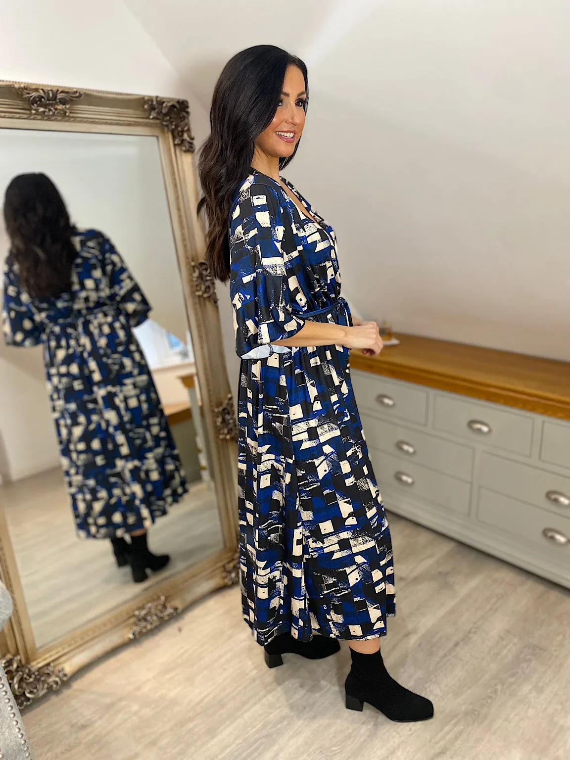 Royal Blue Printed Flared Sleeve Dress Wendy