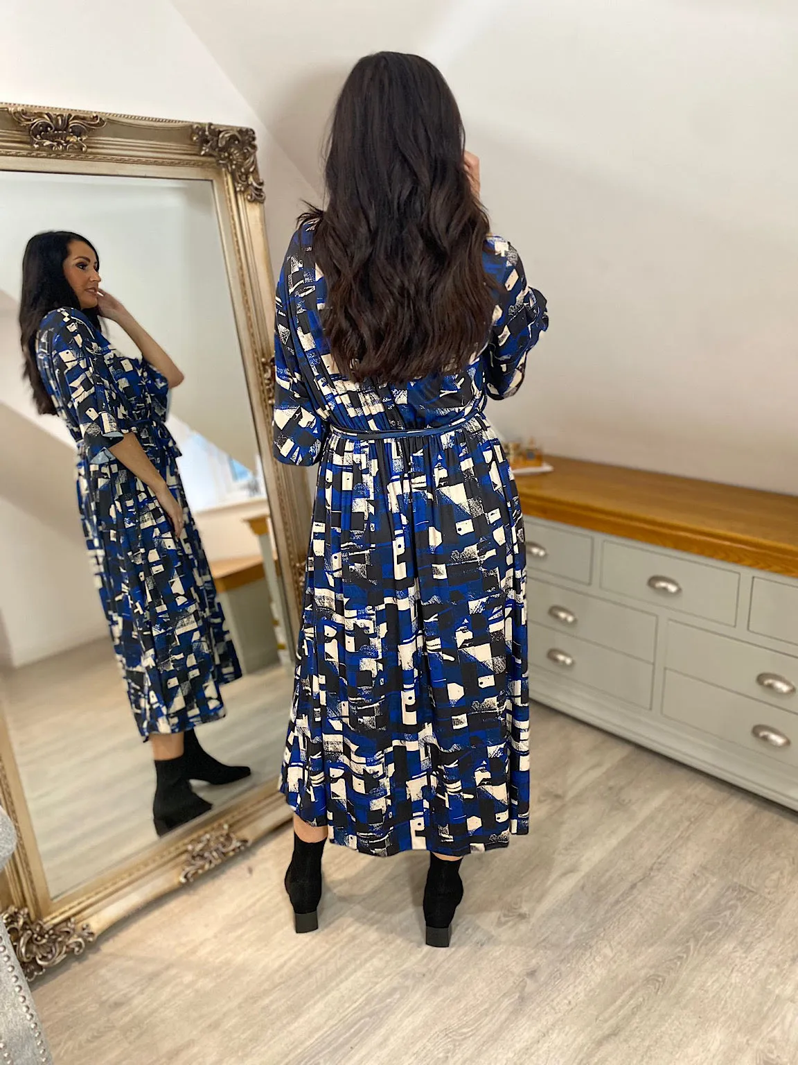 Royal Blue Printed Flared Sleeve Dress Wendy