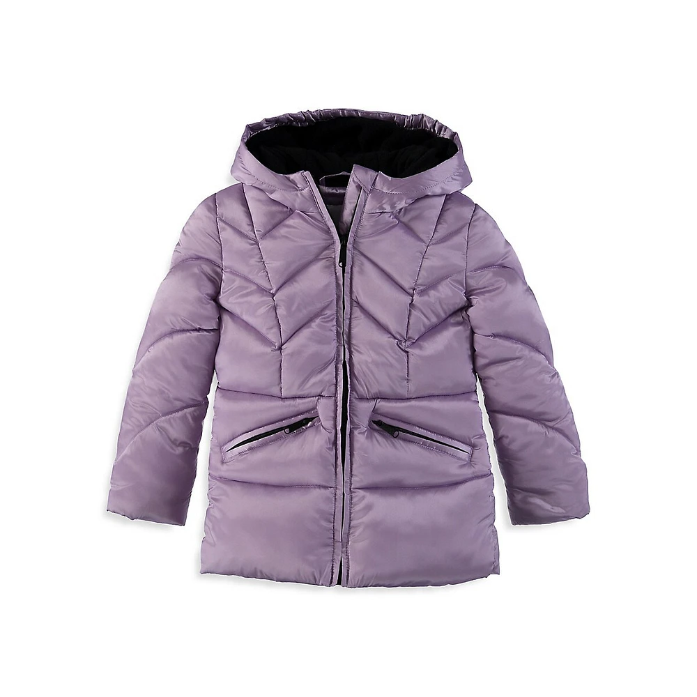 Sam Edelman Little Girl's Hooded Crystal Satin Quilted Puffer