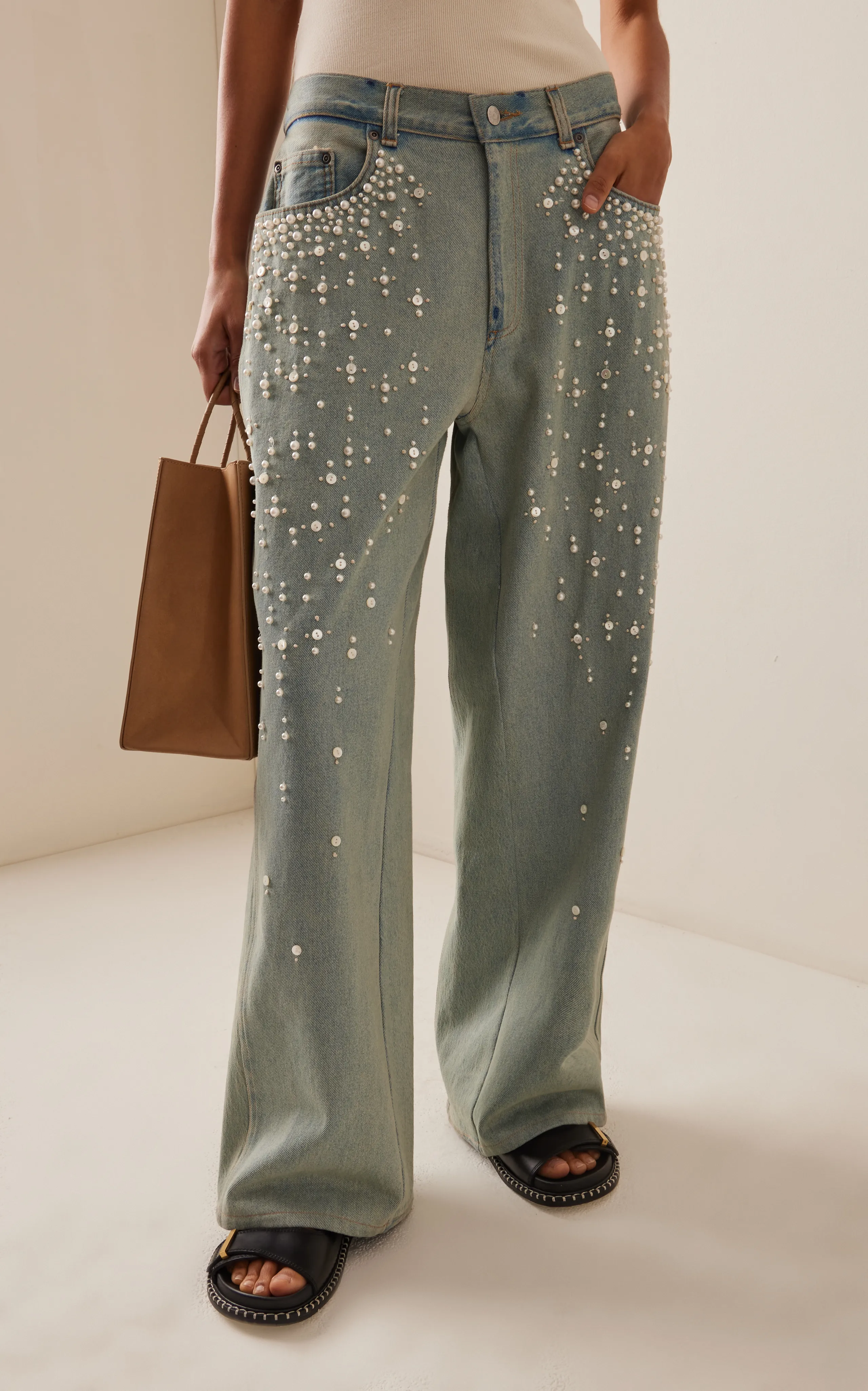 Sea Perlette Embellished Rigid Low-Rise Wide-Leg Jeans