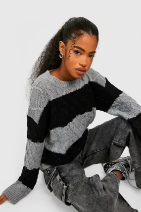 Sequin Stripe Oversized Cable Knit Longline Sweater