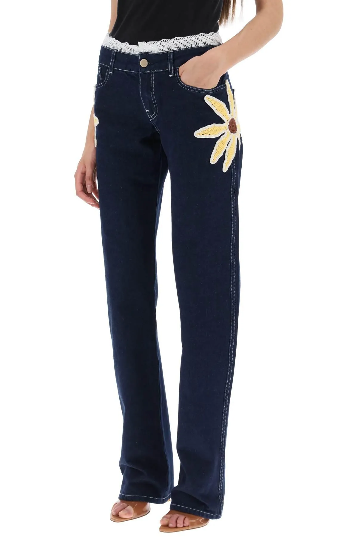 Siedres    Siedres Low Rise Jeans With Crochet Flowers