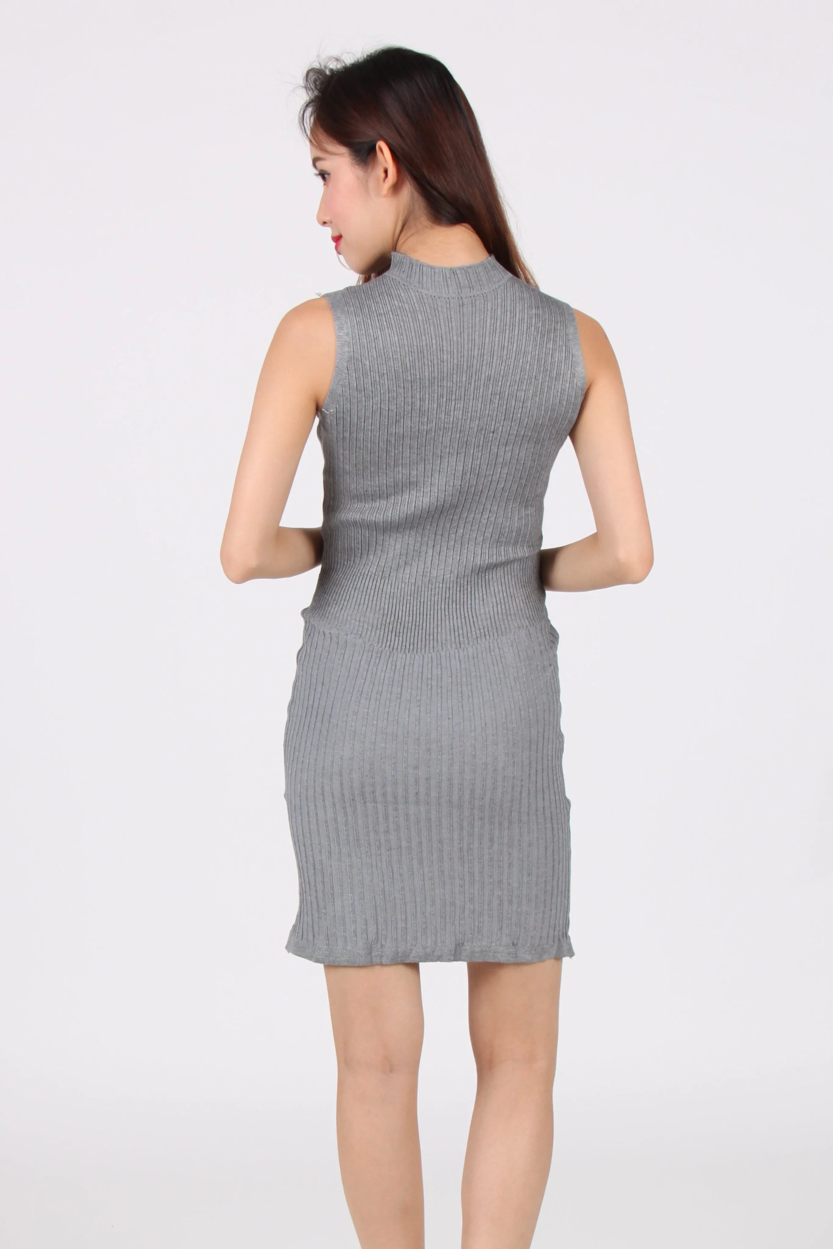 Sleeveless Vertical Bar Bodycon Dress in Light Grey