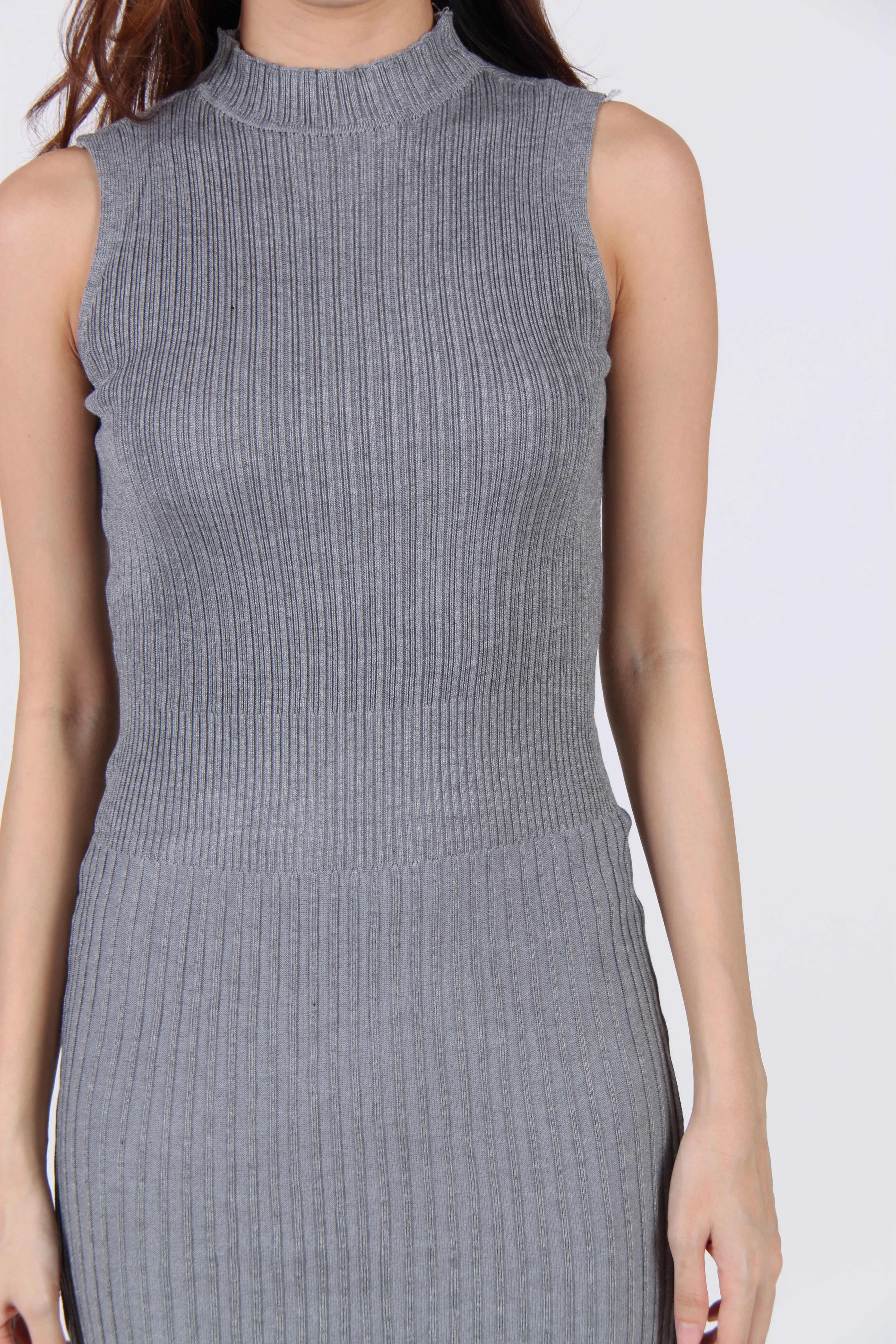 Sleeveless Vertical Bar Bodycon Dress in Light Grey