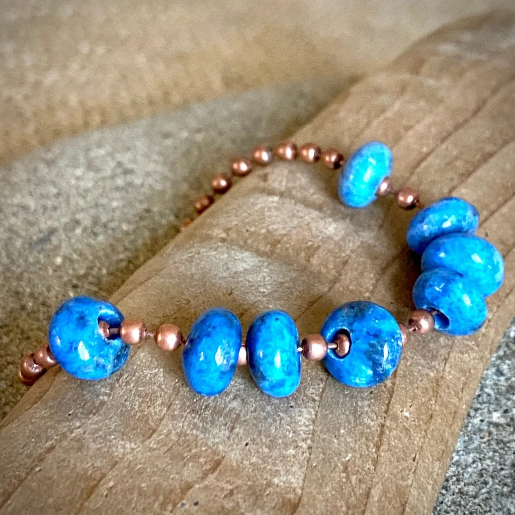 Small Copper Topper with Denim Lapis Rondelles on Copper Ball Chain