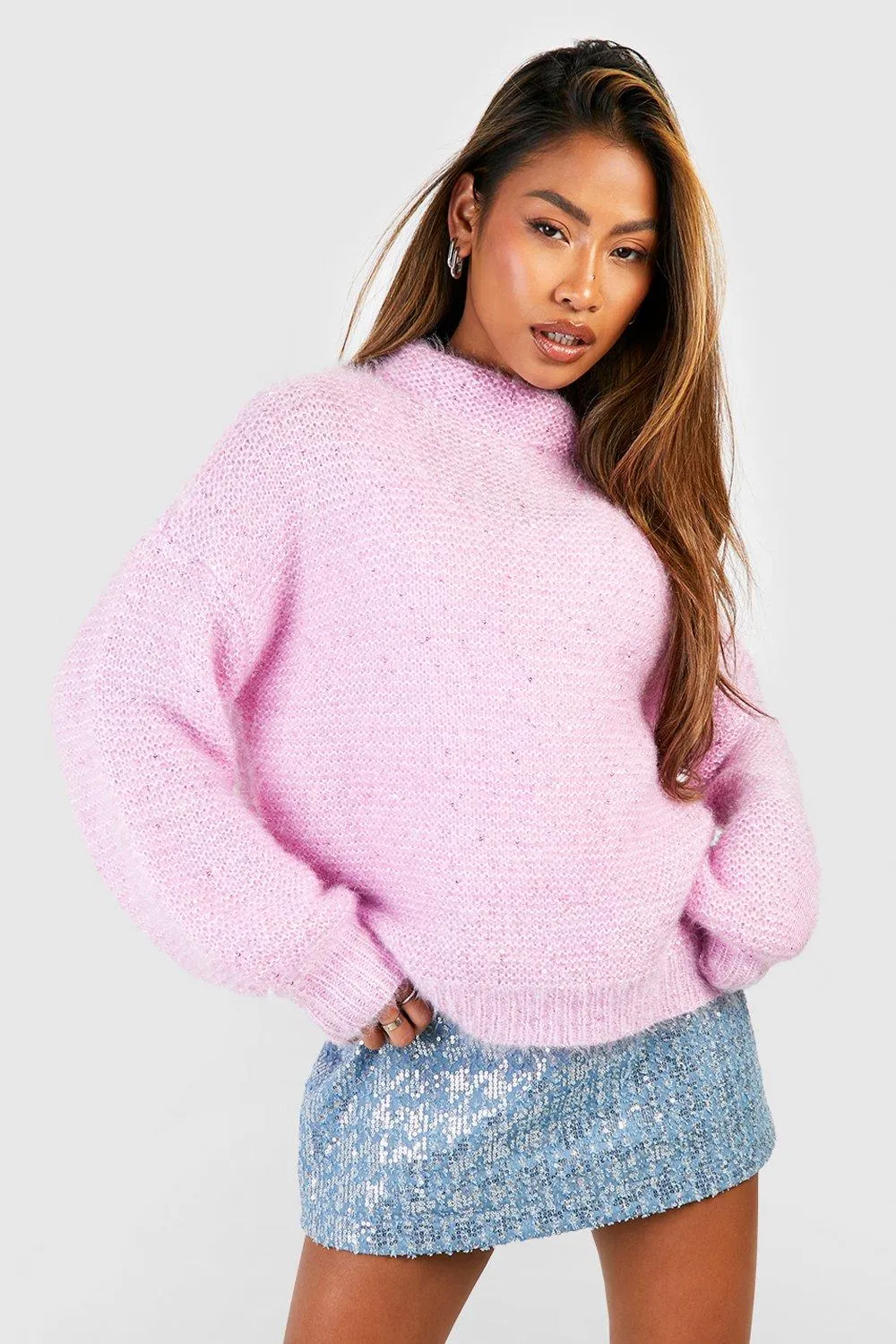 Soft Knit Sequin High Neck Sweater