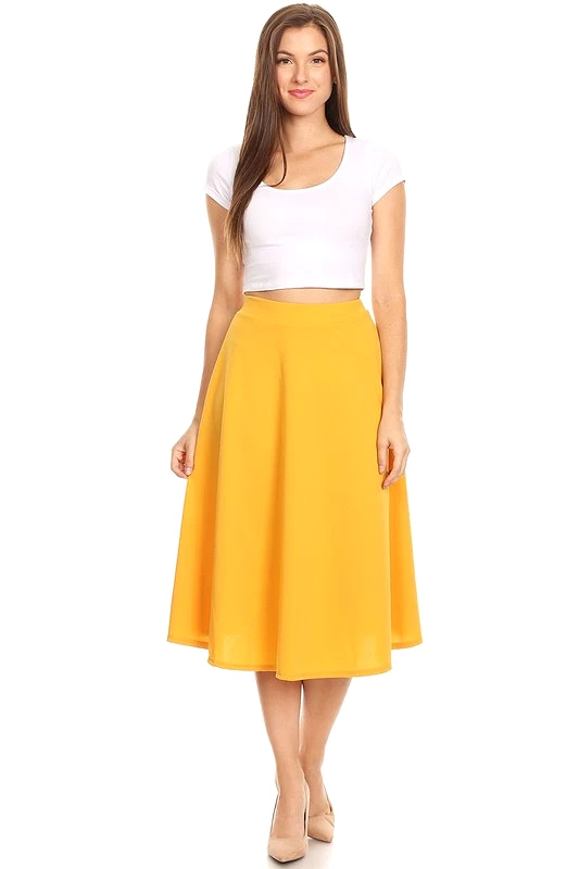 Solid Color High Waist A-line Midi Skirt (10 colors)