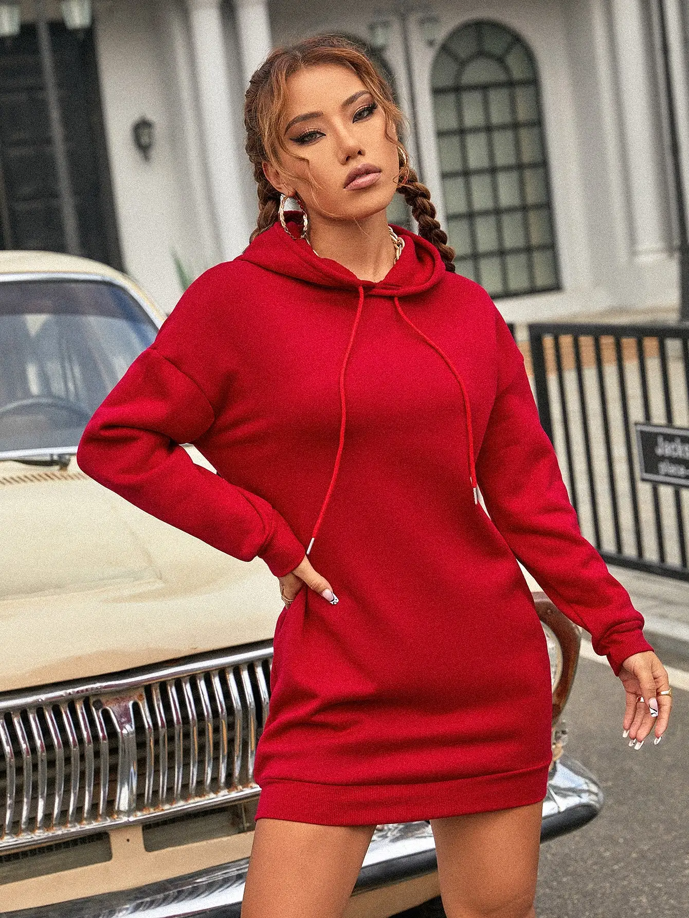 Solid Drawstring Drop Shoulder Hoodie