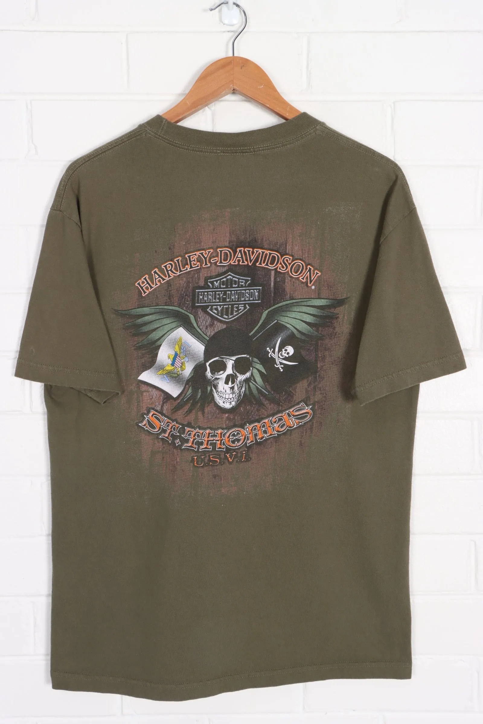 St Thomas HARLEY DAVIDSON Pirate Skull Front Back T-Shirt (L)