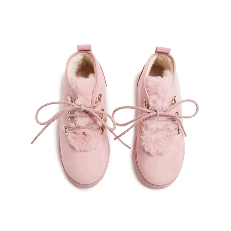 Suede Lace-Up Booties with Faux-Fur in Pink