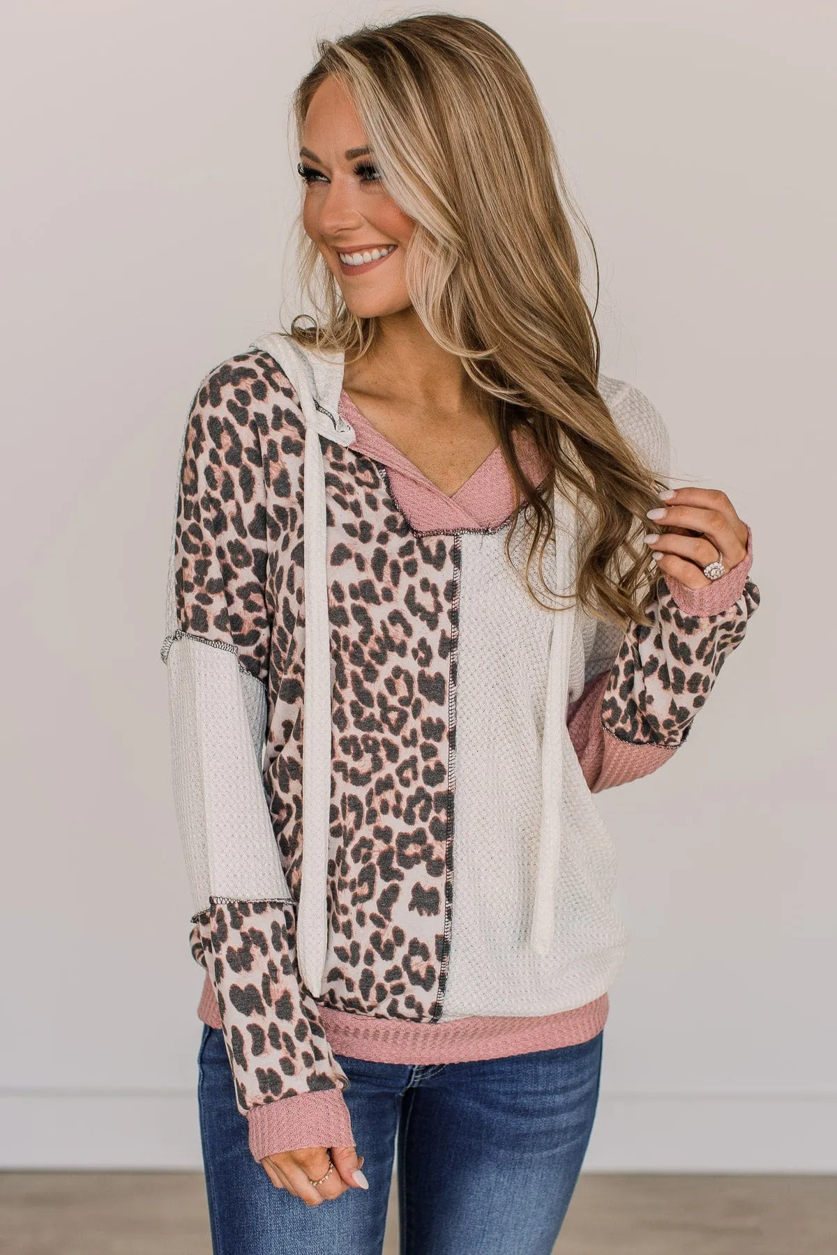 Switch It Up Lightweight Knit Hoodie- Ivory & Leopard