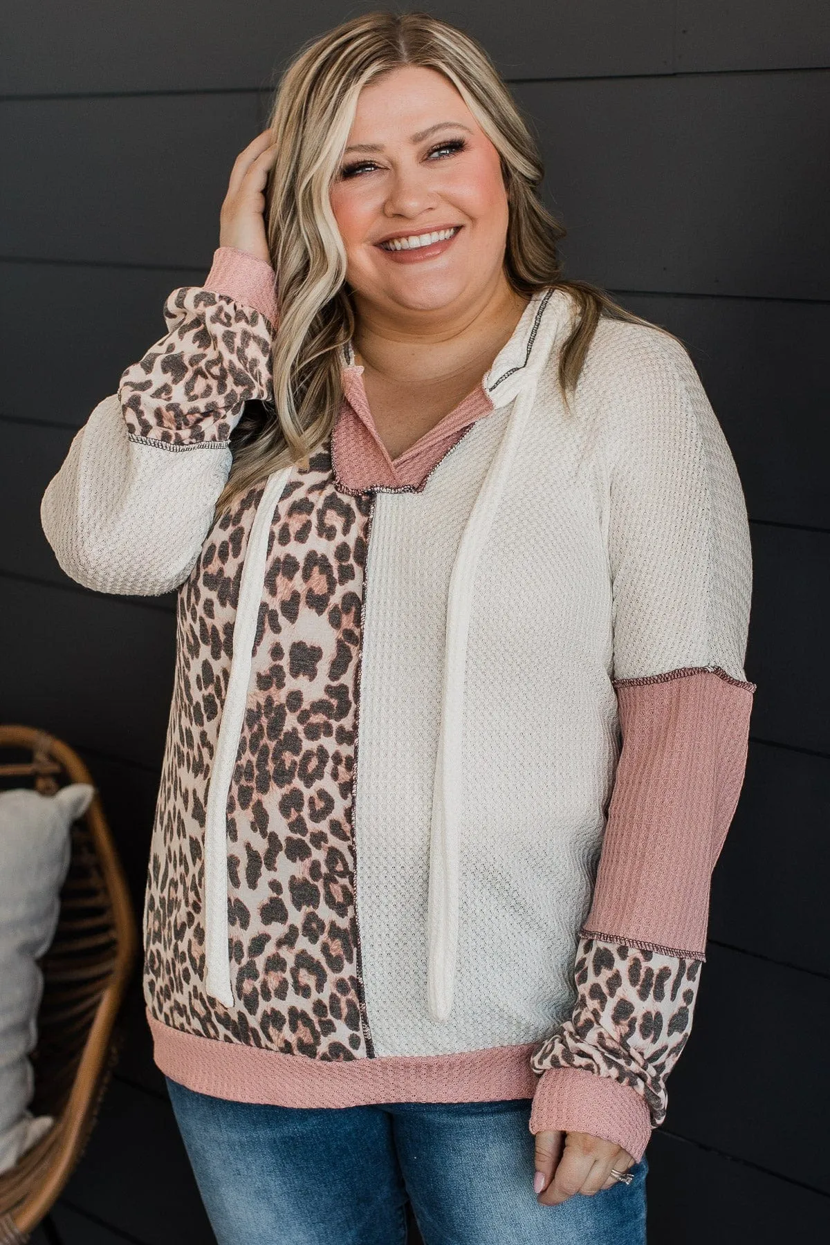 Switch It Up Lightweight Knit Hoodie- Ivory & Leopard