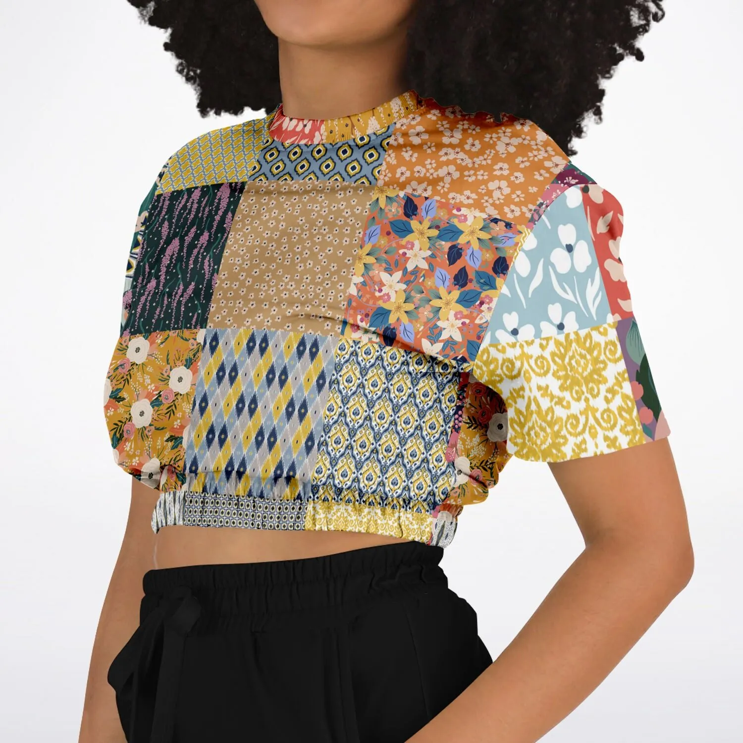 Tallulah Bankhead Patchwork Quilt Short Sleeve Cropped Eco-Poly Sweater