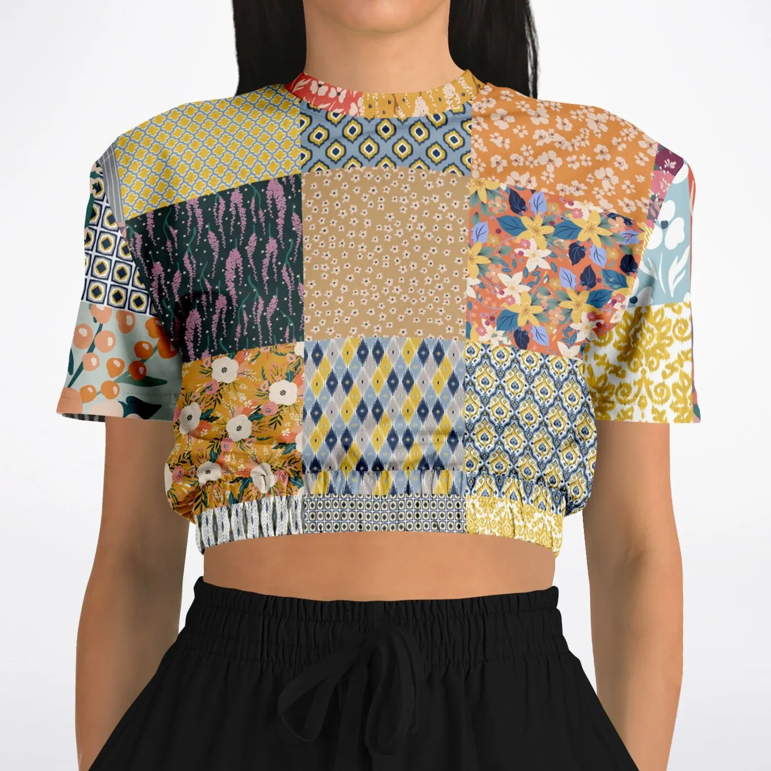 Tallulah Bankhead Patchwork Quilt Short Sleeve Cropped Eco-Poly Sweater