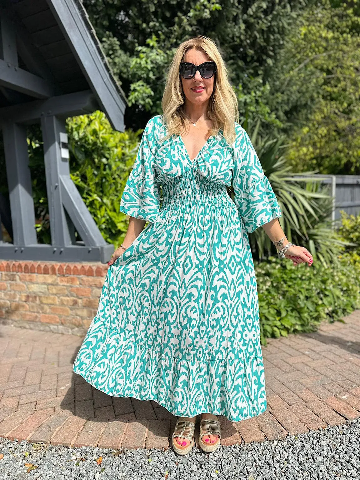 Teal Flared Sleeve Patterned Maxi Dress Megan