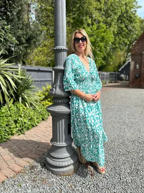 Teal Flared Sleeve Patterned Maxi Dress Megan