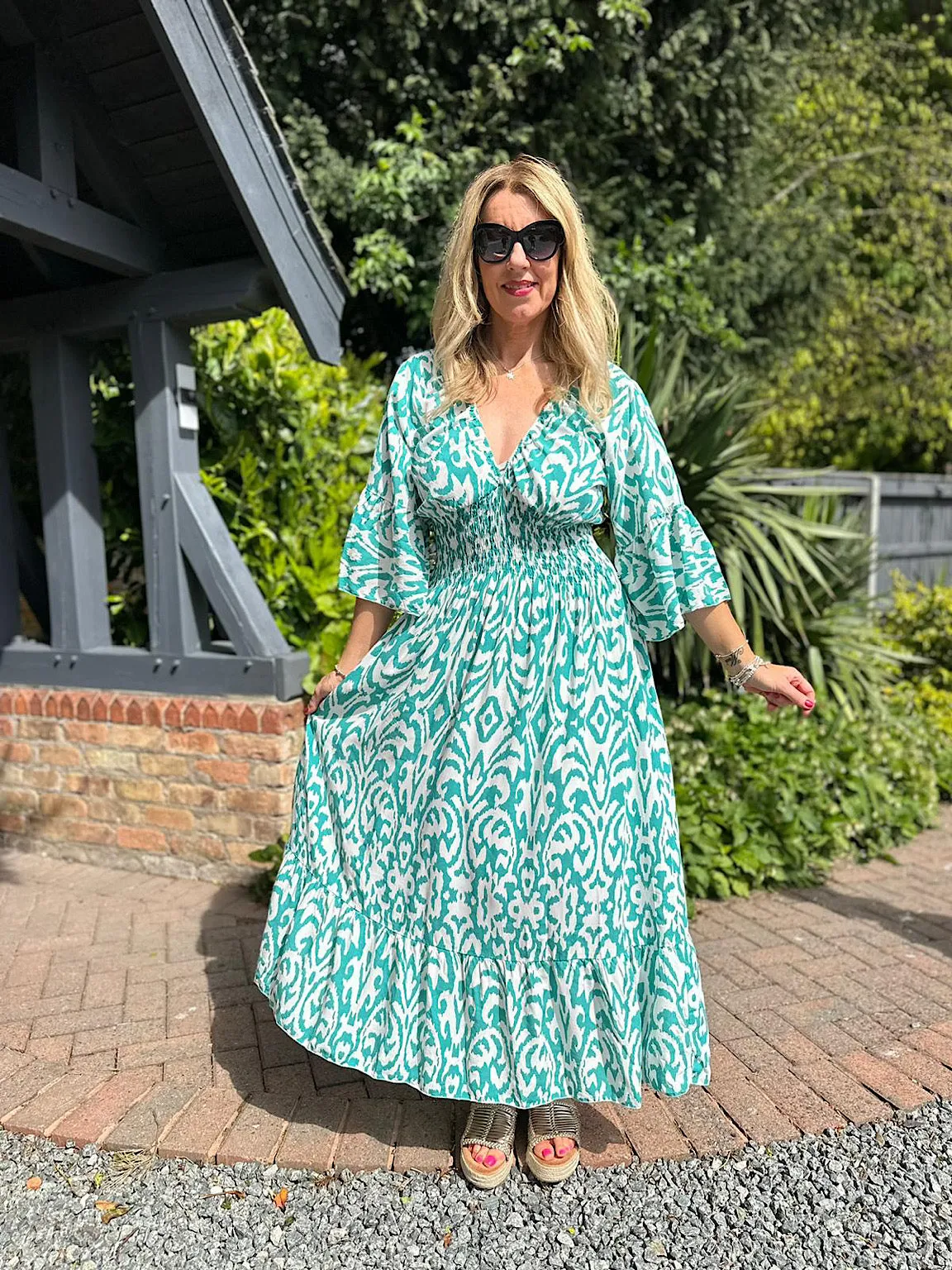 Teal Flared Sleeve Patterned Maxi Dress Megan