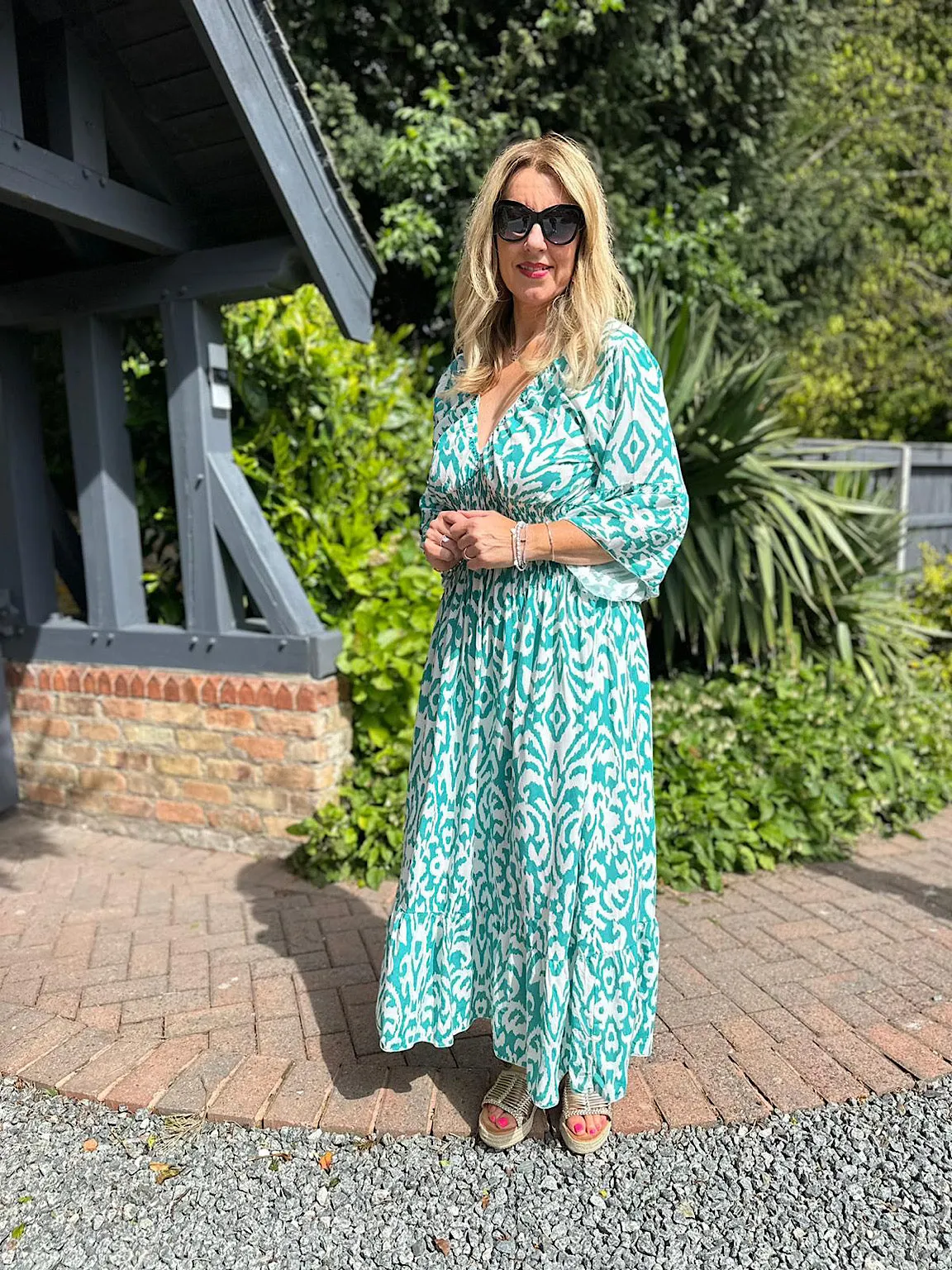 Teal Flared Sleeve Patterned Maxi Dress Megan