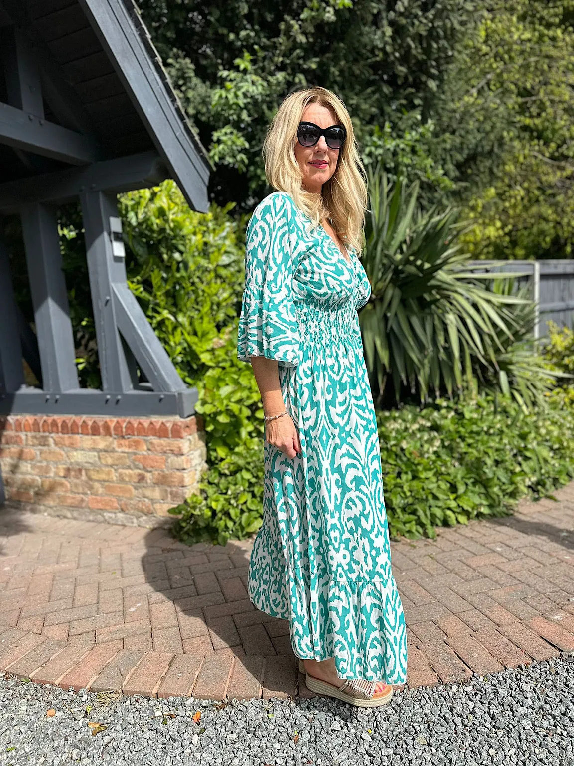 Teal Flared Sleeve Patterned Maxi Dress Megan