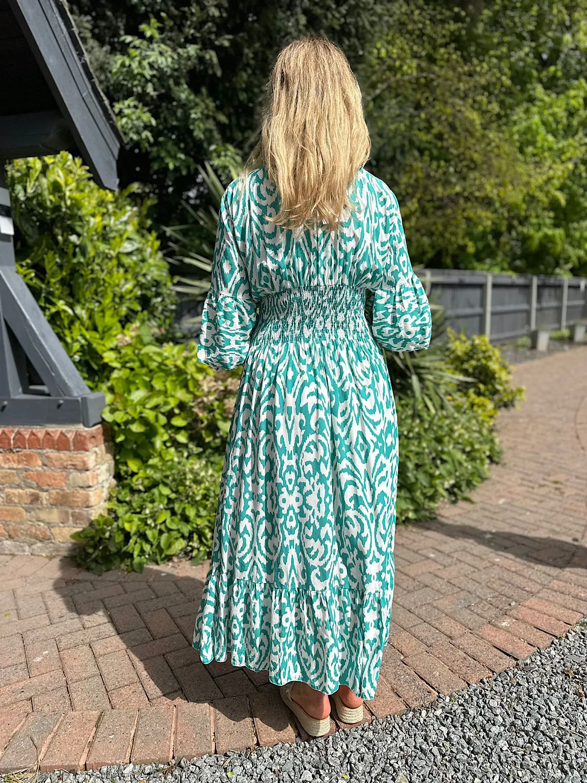 Teal Flared Sleeve Patterned Maxi Dress Megan