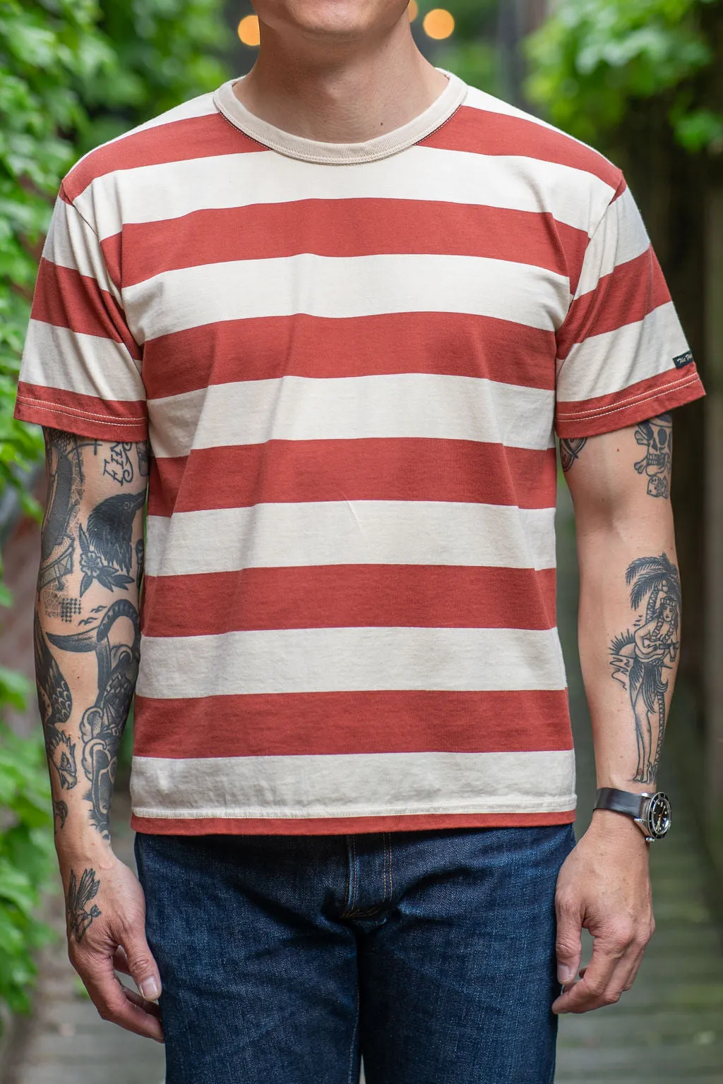 The Flat Head FN-THB-002 Border T-Shirt - Ivory/Red