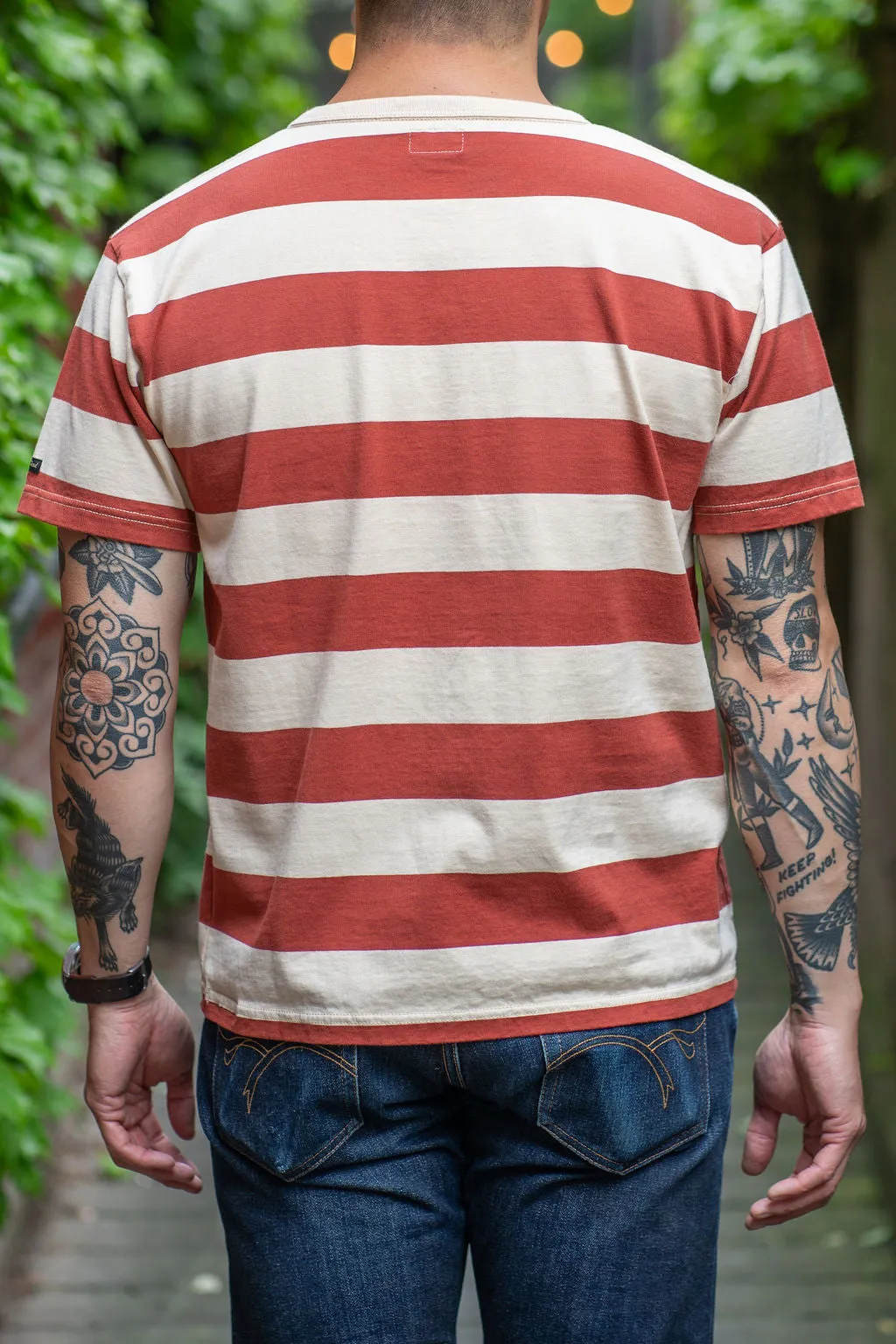 The Flat Head FN-THB-002 Border T-Shirt - Ivory/Red