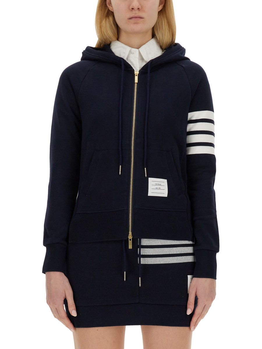 THOM BROWNE    COTTON ZIPPER HOODIE WITH STRIPED DETAIL