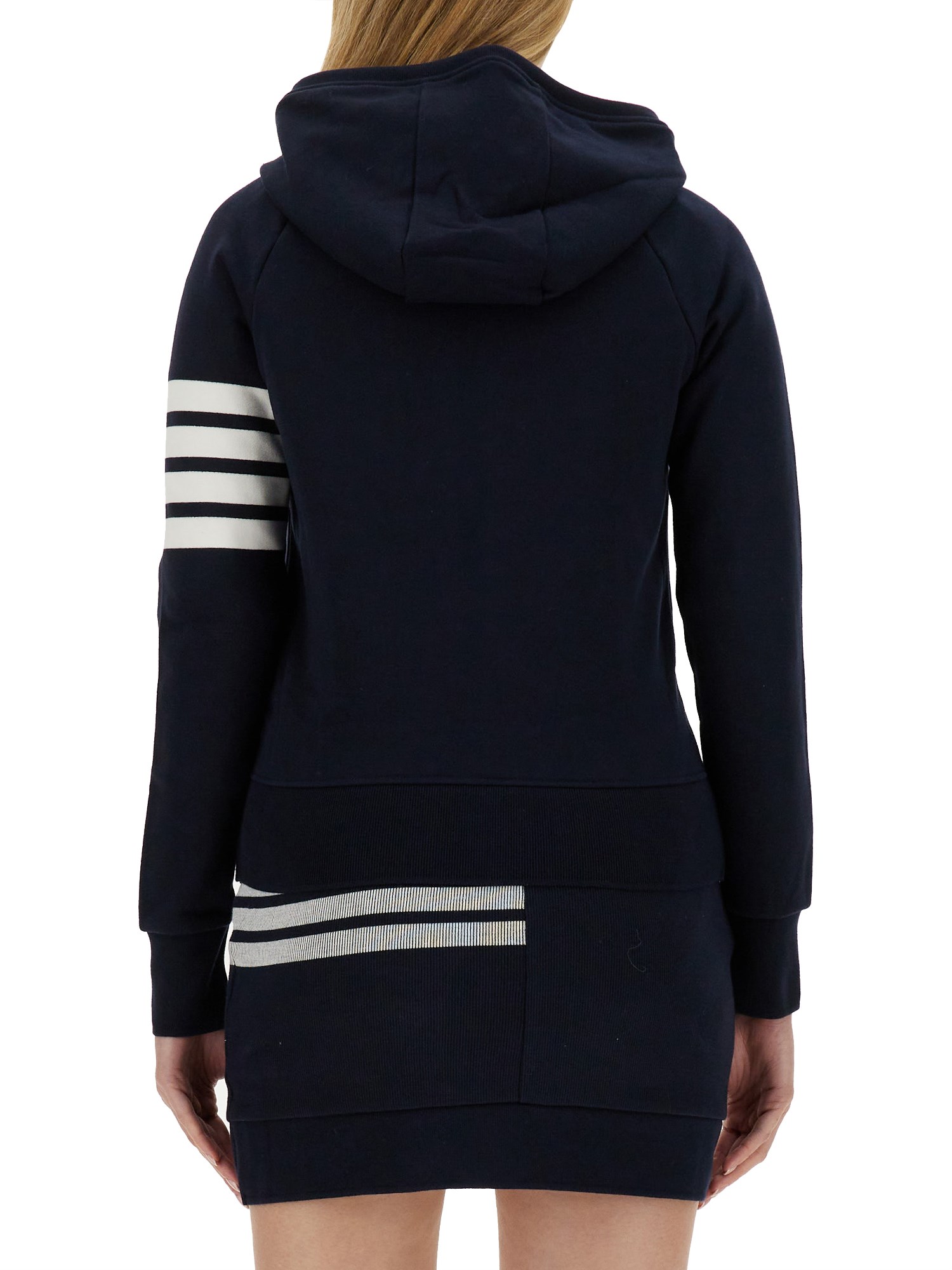 THOM BROWNE    COTTON ZIPPER HOODIE WITH STRIPED DETAIL