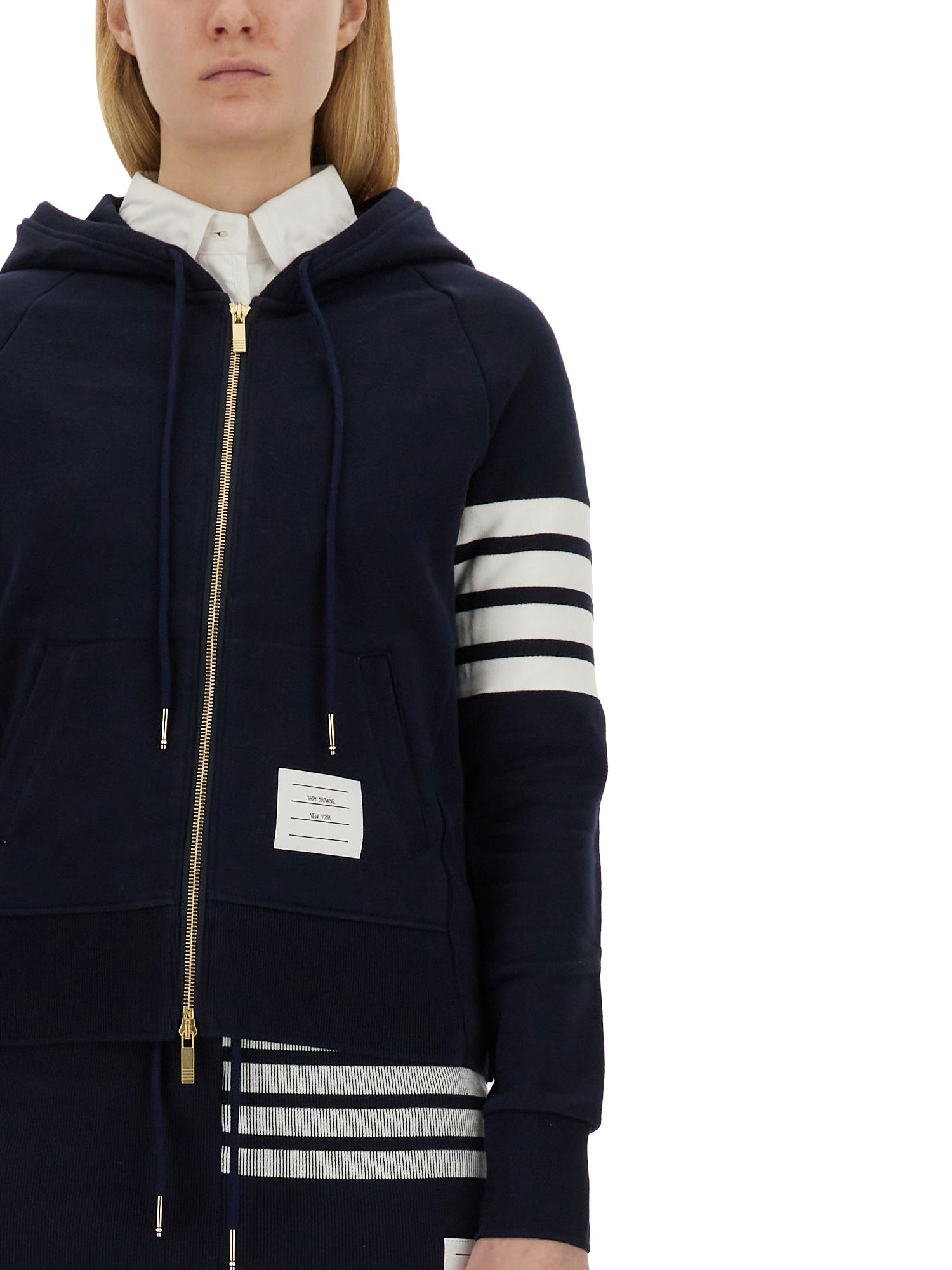 THOM BROWNE    COTTON ZIPPER HOODIE WITH STRIPED DETAIL