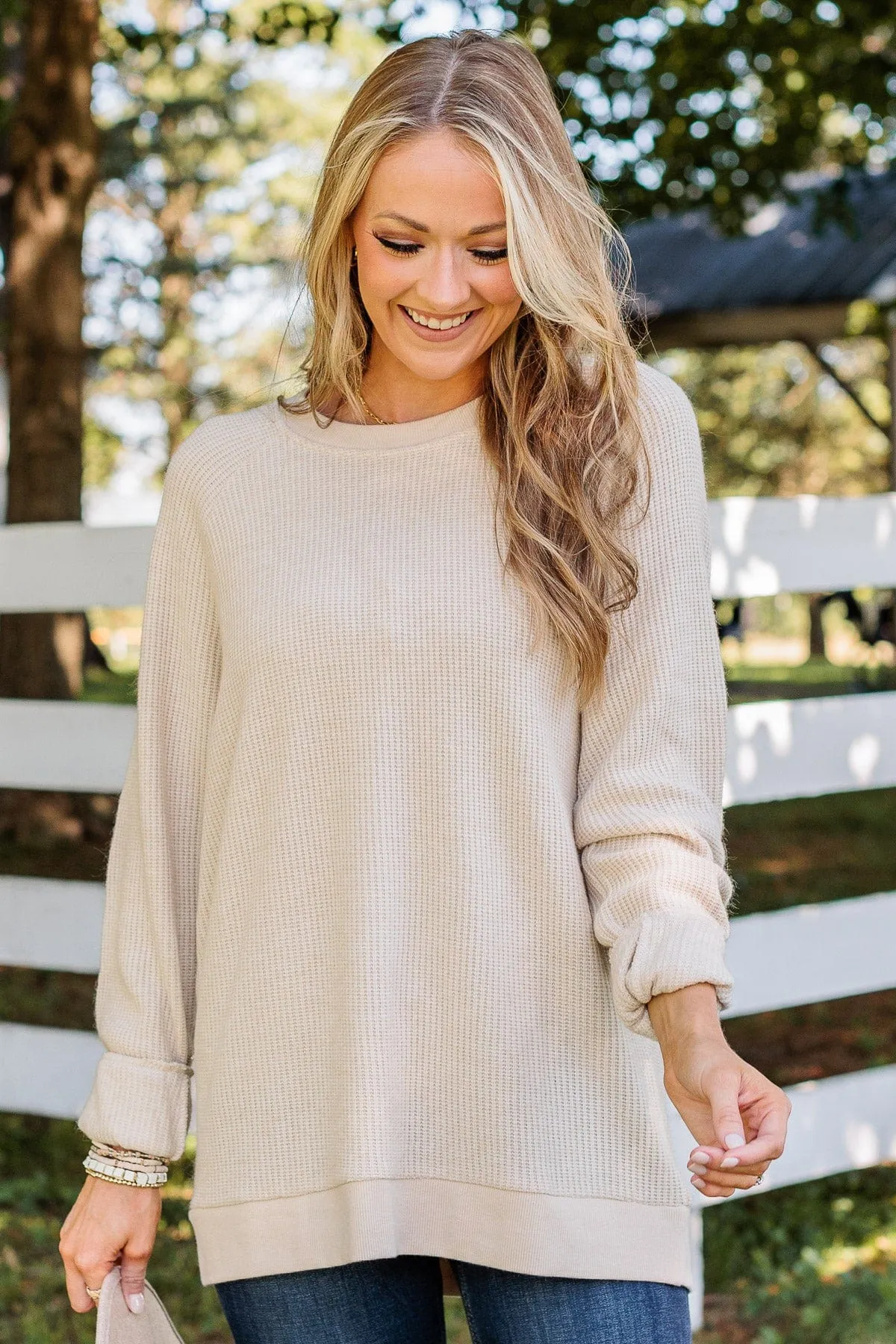 Thread & Supply Unwind Your Mind Waffle Knit Top- Oatmeal