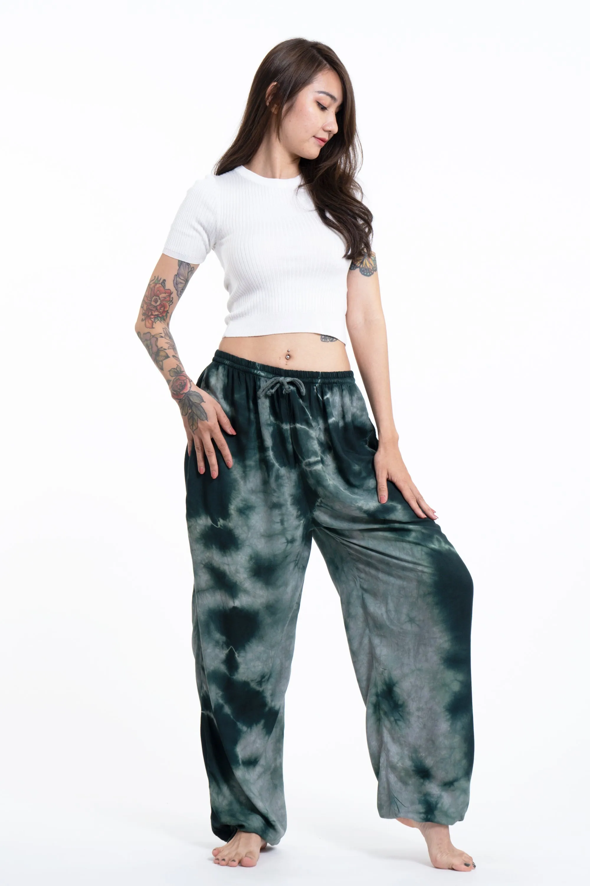 Tie Dye Drawstring Women's Yoga Massage Pants in Dark Teal