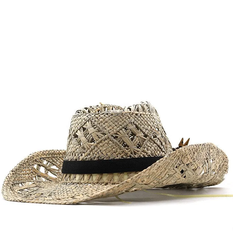 Unisex Summer Hand-Knitted Hollow Ethnic Rolled Brim Outdoor Cowboy Hat