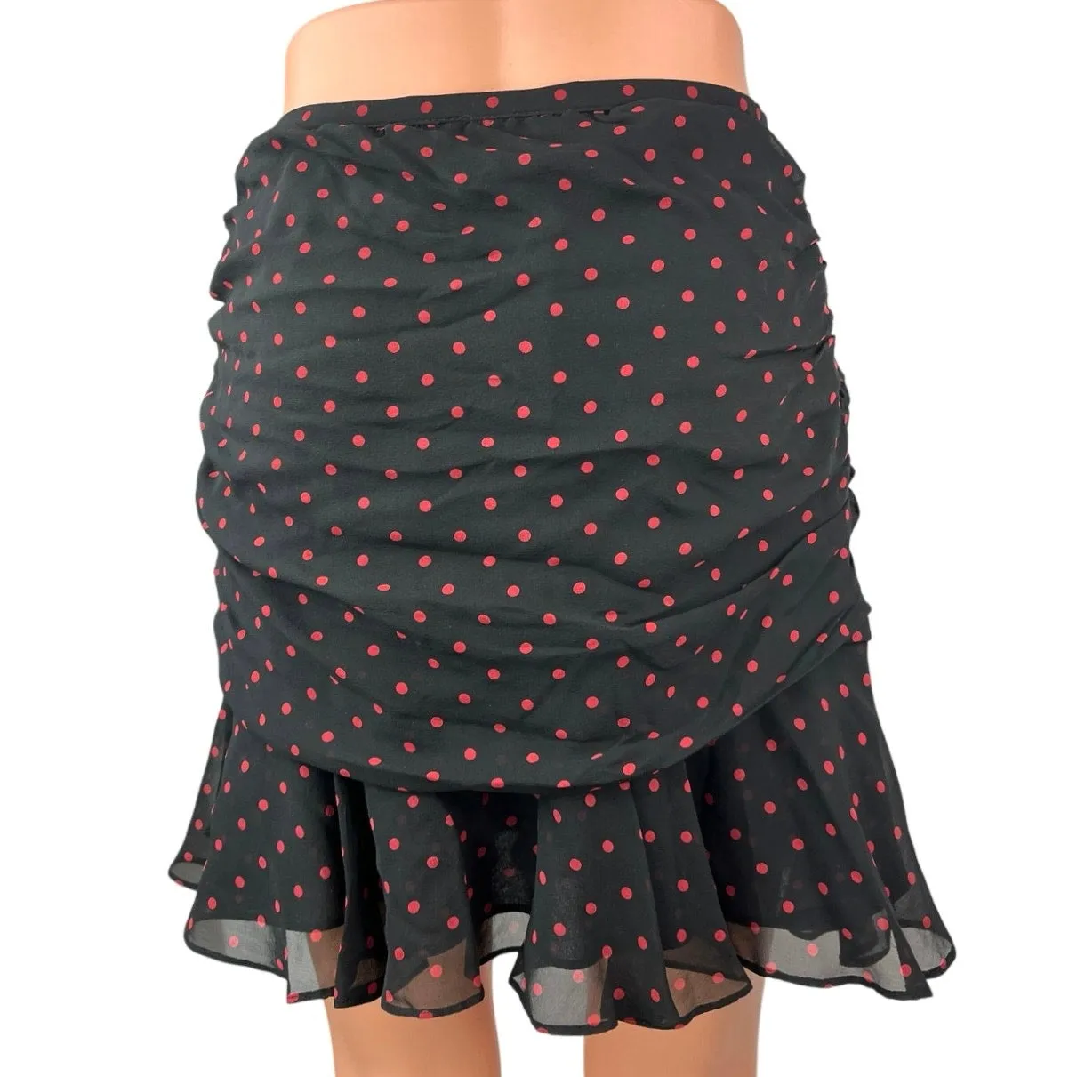 Veronica Beard Black Red Polka Dots 100% Silk Ruffle Ruched Mini Pencil Skirt 4