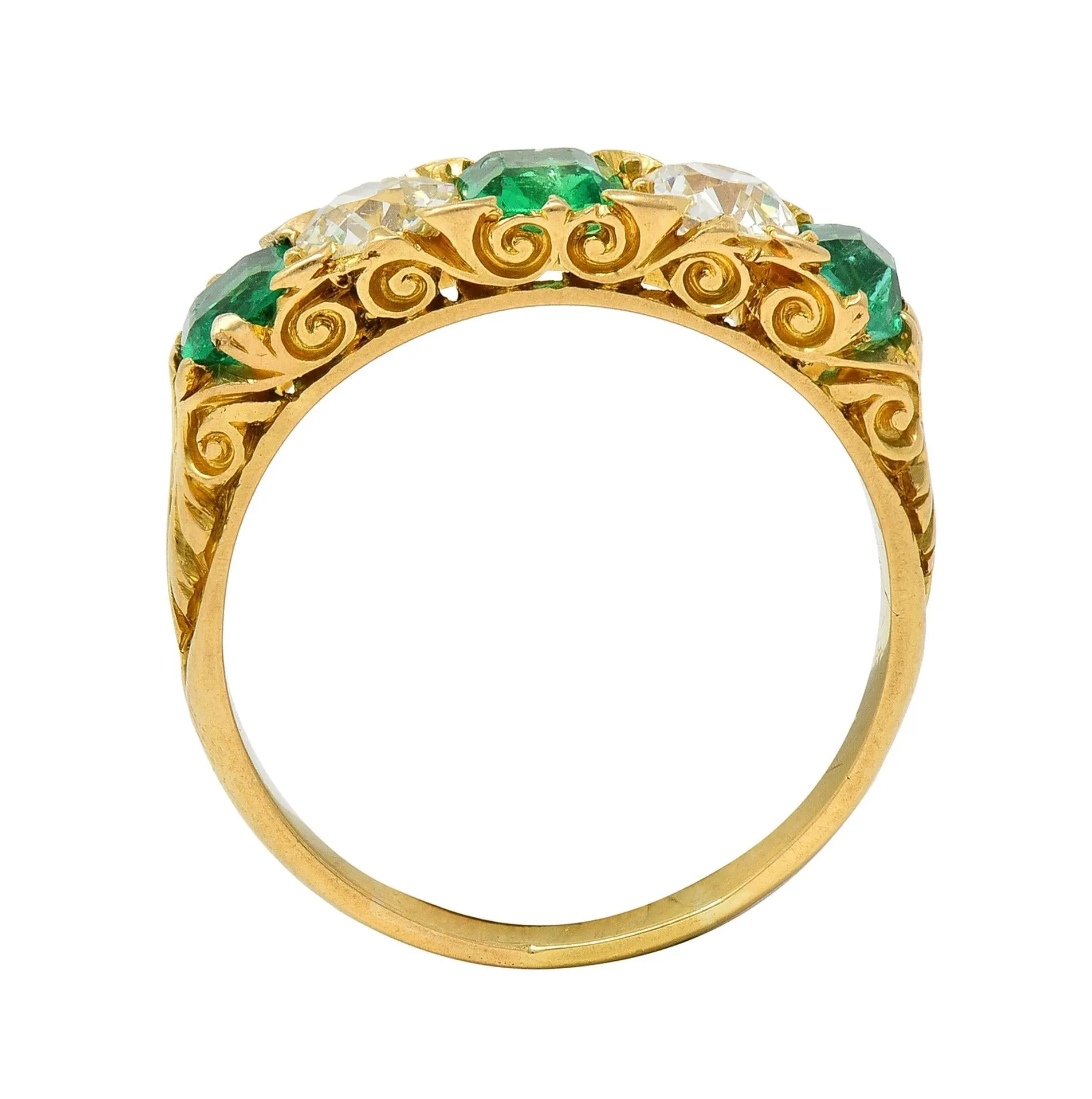 Victorian Emerald Diamond 18 Karat Yellow Gold Scrolling Five Stone Antique Band Ring