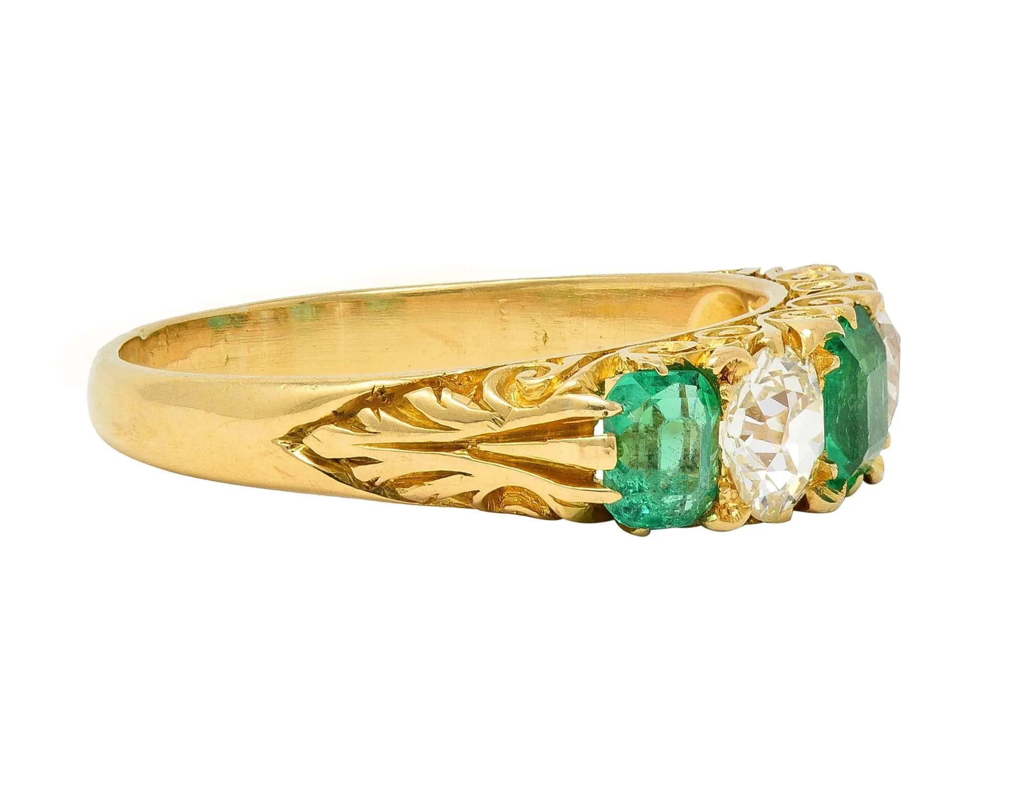 Victorian Emerald Diamond 18 Karat Yellow Gold Scrolling Five Stone Antique Band Ring