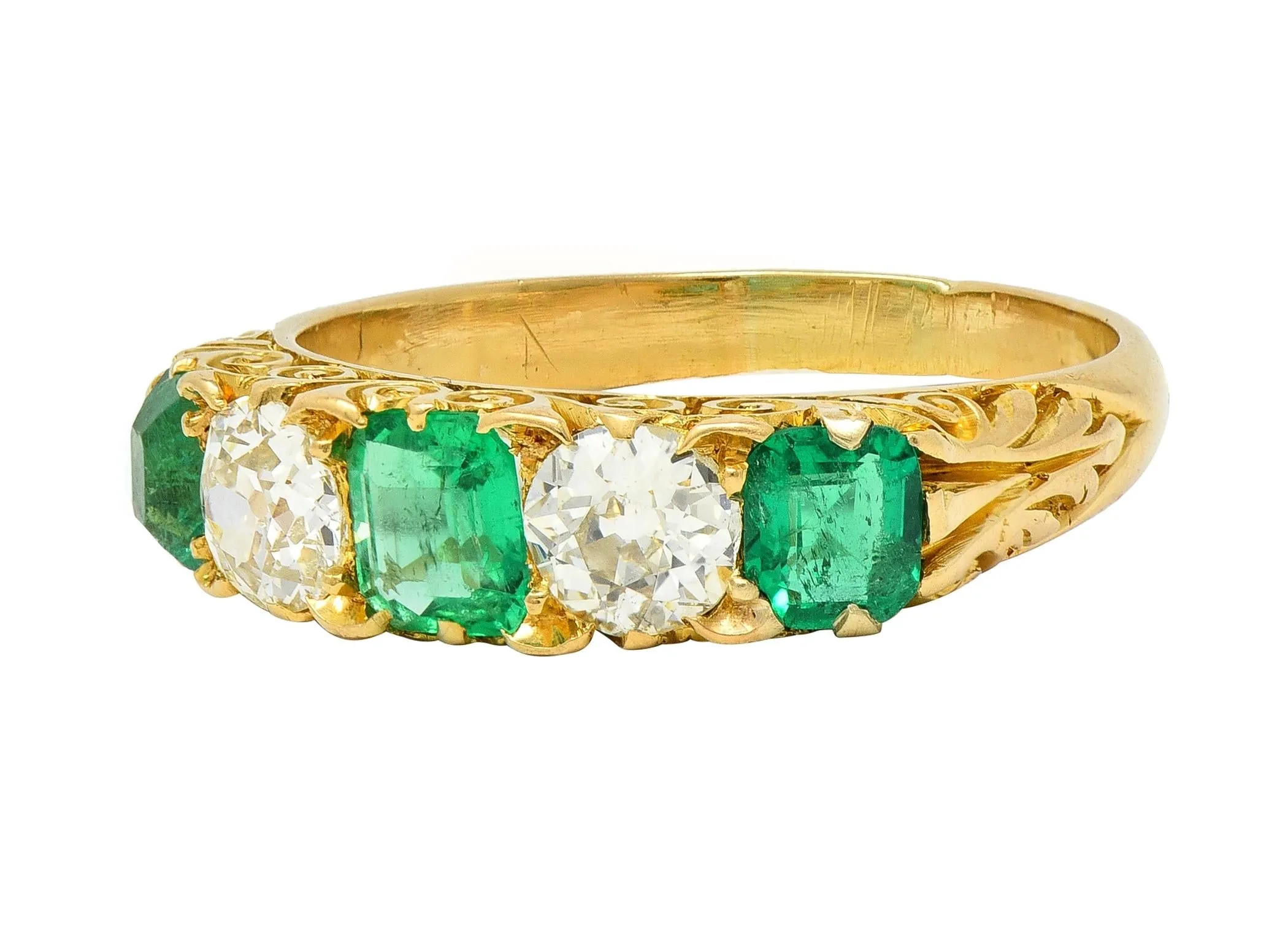 Victorian Emerald Diamond 18 Karat Yellow Gold Scrolling Five Stone Antique Band Ring